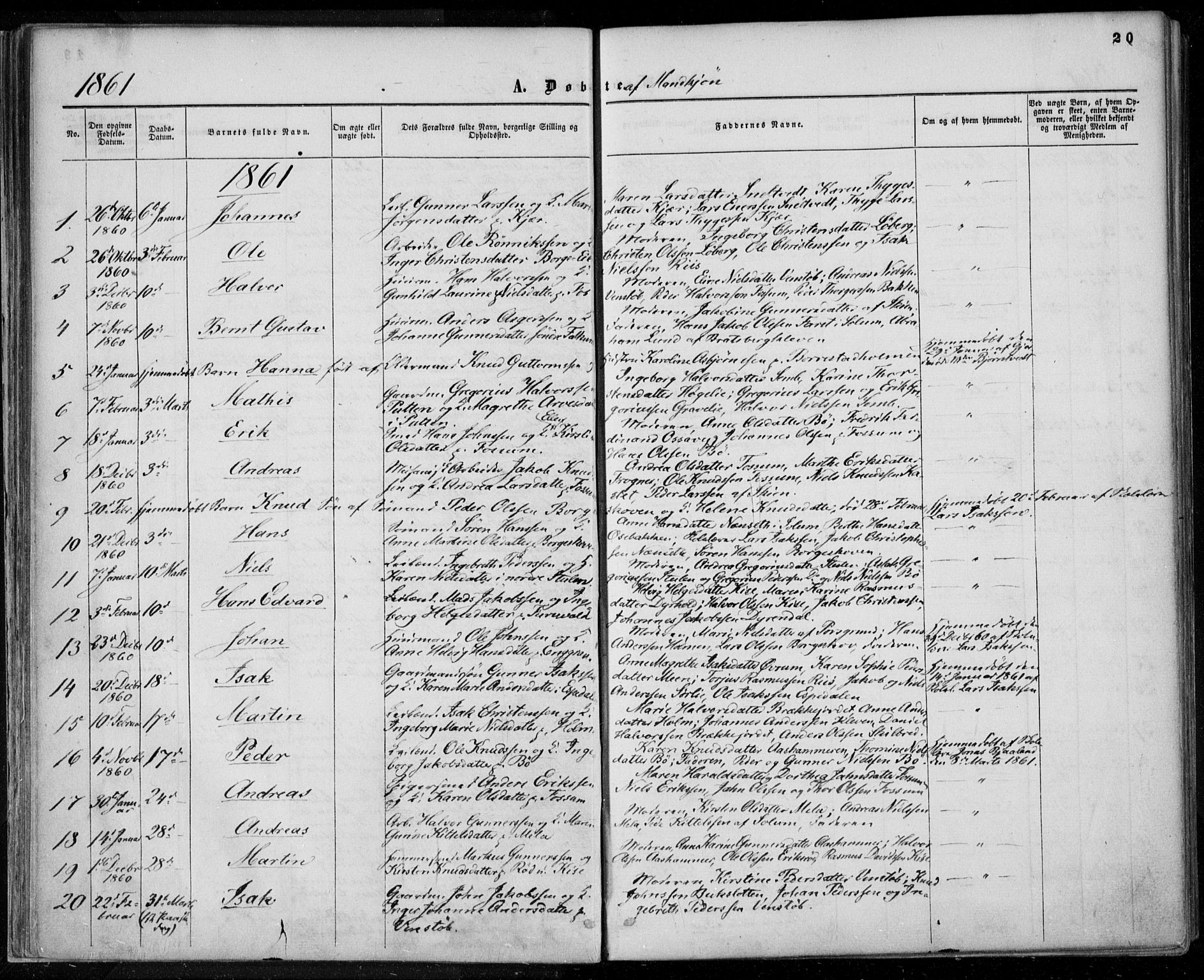 Gjerpen kirkebøker, SAKO/A-265/F/Fa/L0008a: Parish register (official) no. I 8A, 1857-1871, p. 20