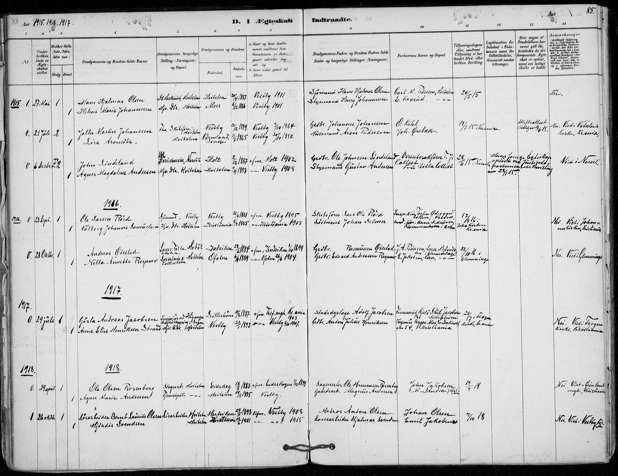 Vestby prestekontor Kirkebøker, SAO/A-10893/F/Fd/L0001: Parish register (official) no. IV 1, 1878-1945, p. 85