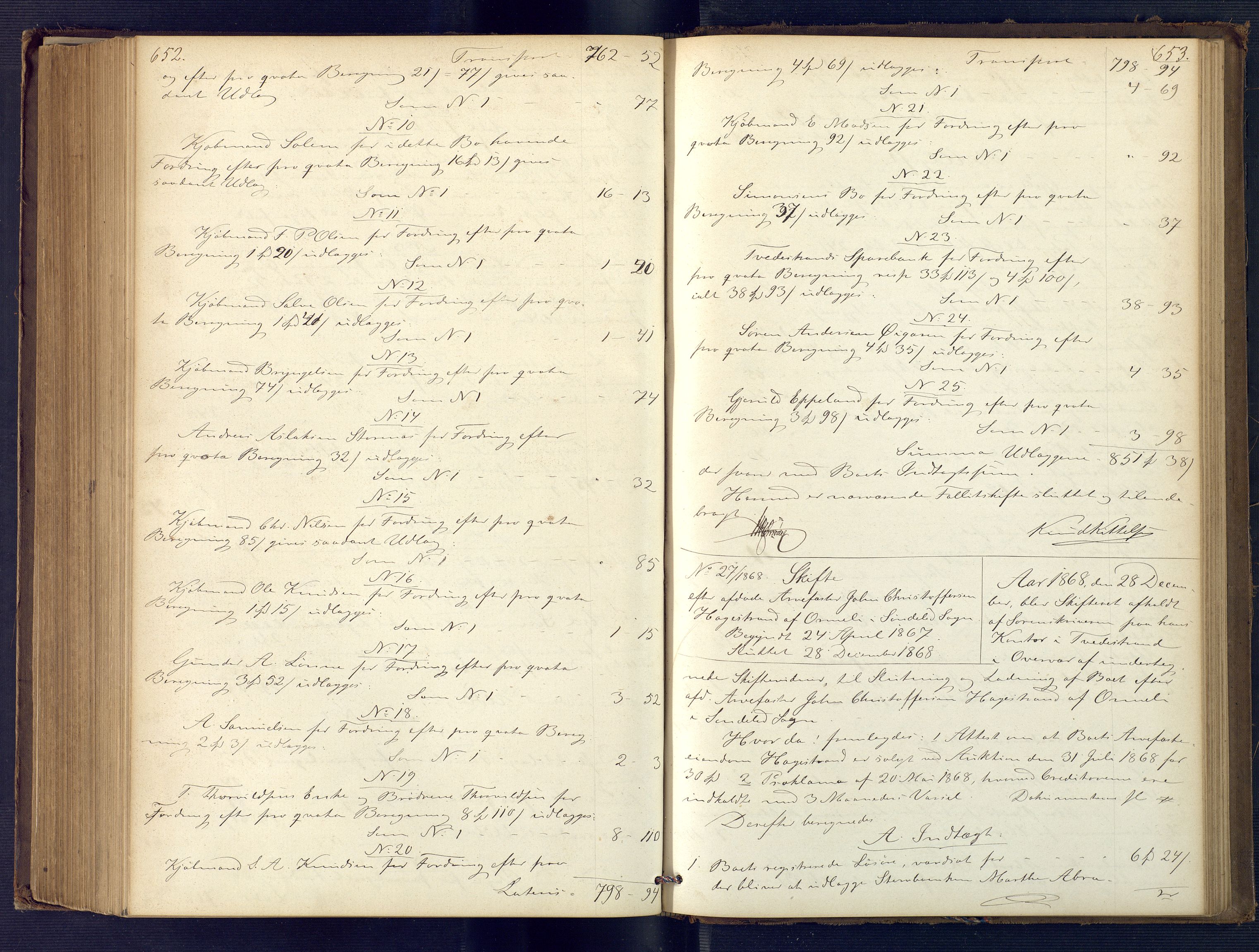 Holt sorenskriveri, SAK/1221-0002/H/Hc/L0030: Skifteutlodningsprotokoll nr. 5, 1863-1869, p. 652-653