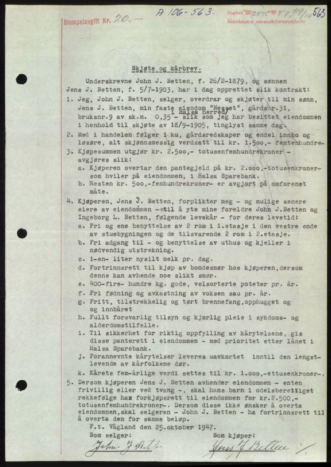 Nordmøre sorenskriveri, AV/SAT-A-4132/1/2/2Ca: Mortgage book no. A106, 1947-1947, Diary no: : 2475/1947