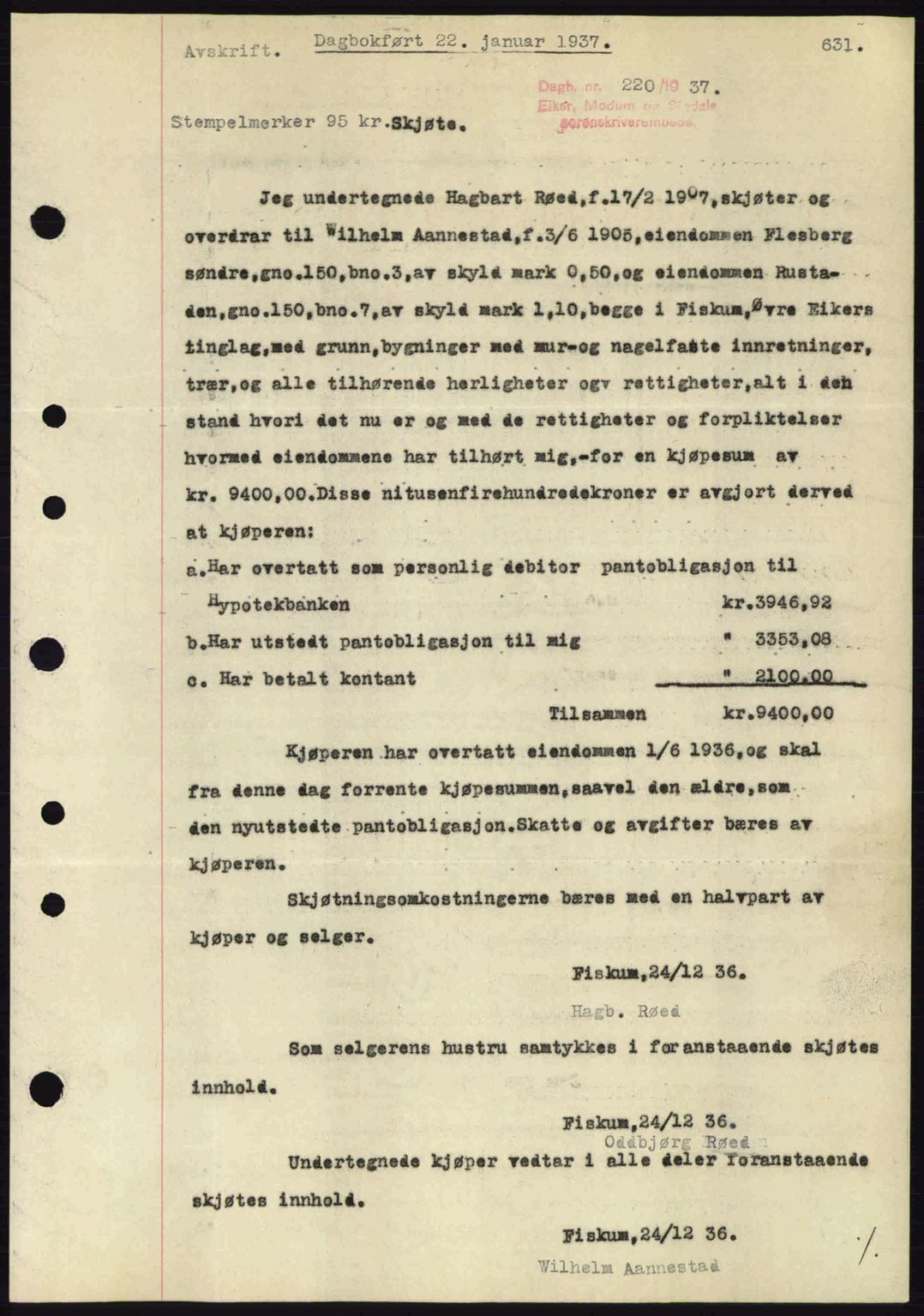 Eiker, Modum og Sigdal sorenskriveri, SAKO/A-123/G/Ga/Gab/L0034: Mortgage book no. A4, 1936-1937, Diary no: : 220/1937