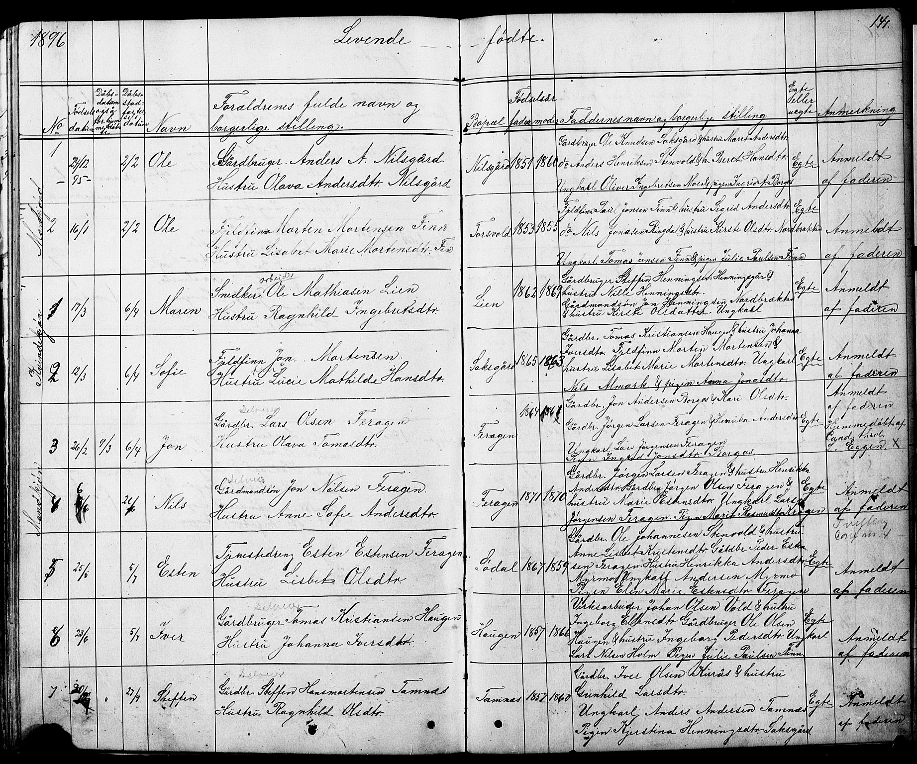 Ministerialprotokoller, klokkerbøker og fødselsregistre - Sør-Trøndelag, SAT/A-1456/683/L0949: Parish register (copy) no. 683C01, 1880-1896, p. 141