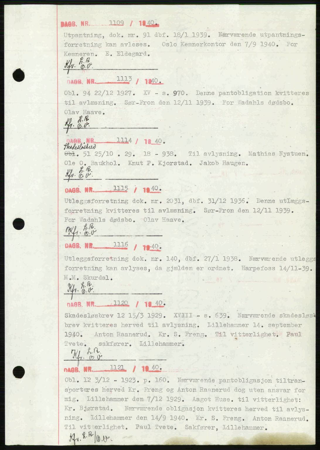 Sør-Gudbrandsdal tingrett, SAH/TING-004/H/Hb/Hbf/L0002: Mortgage book no. C1, 1938-1951, Diary no: : 1109/1940