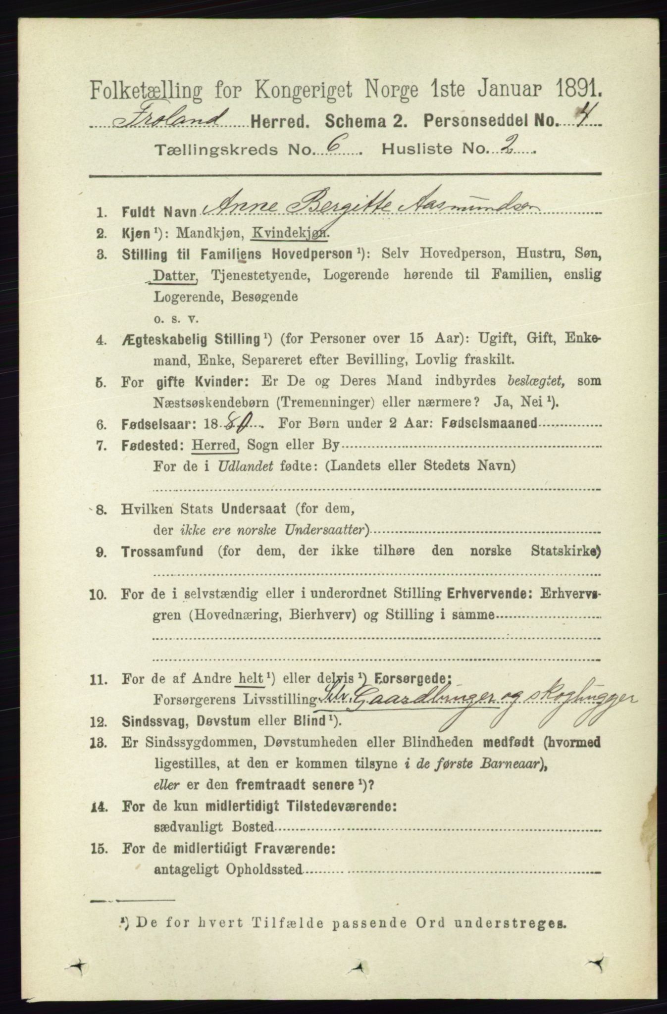 RA, 1891 census for 0919 Froland, 1891, p. 2212