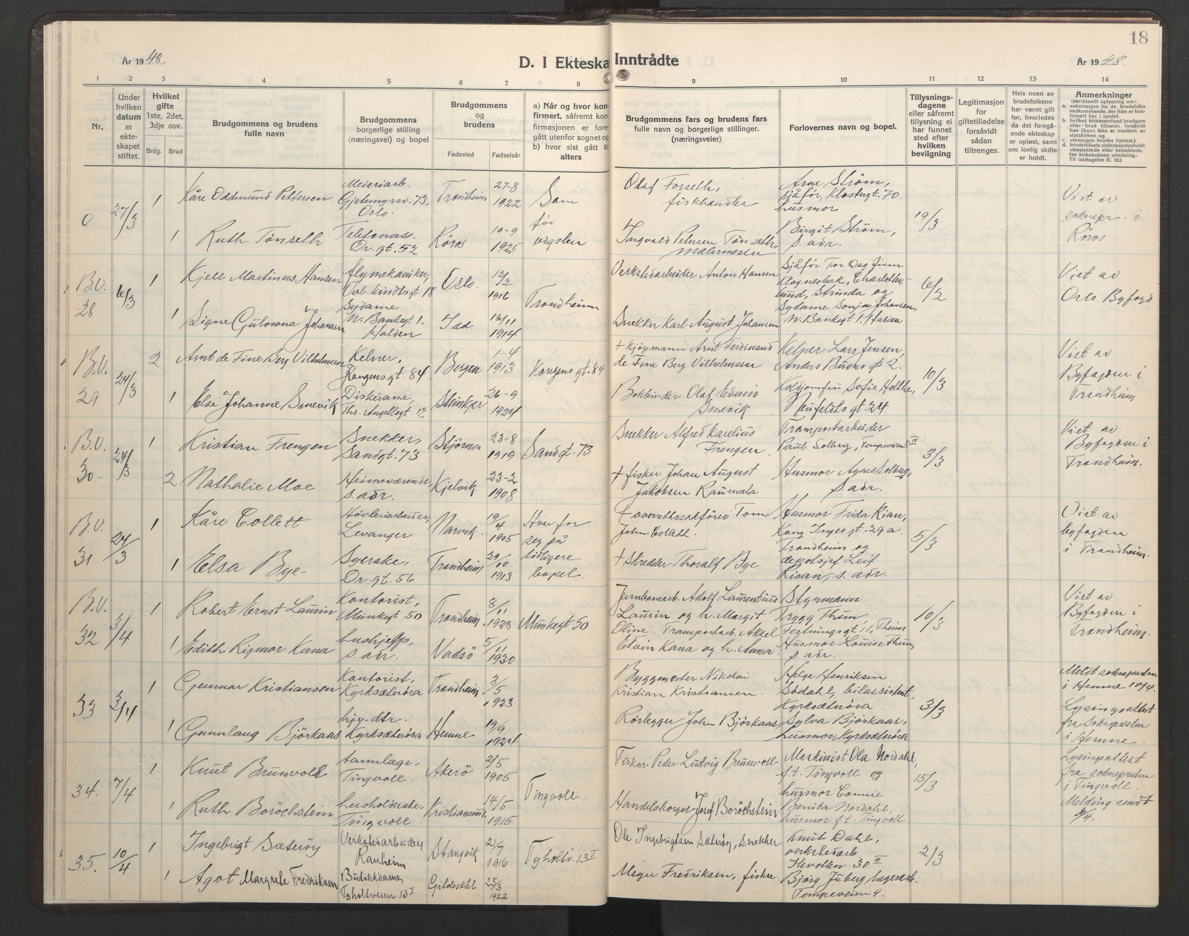 Ministerialprotokoller, klokkerbøker og fødselsregistre - Sør-Trøndelag, AV/SAT-A-1456/602/L0155: Parish register (copy) no. 602C23, 1947-1950, p. 18