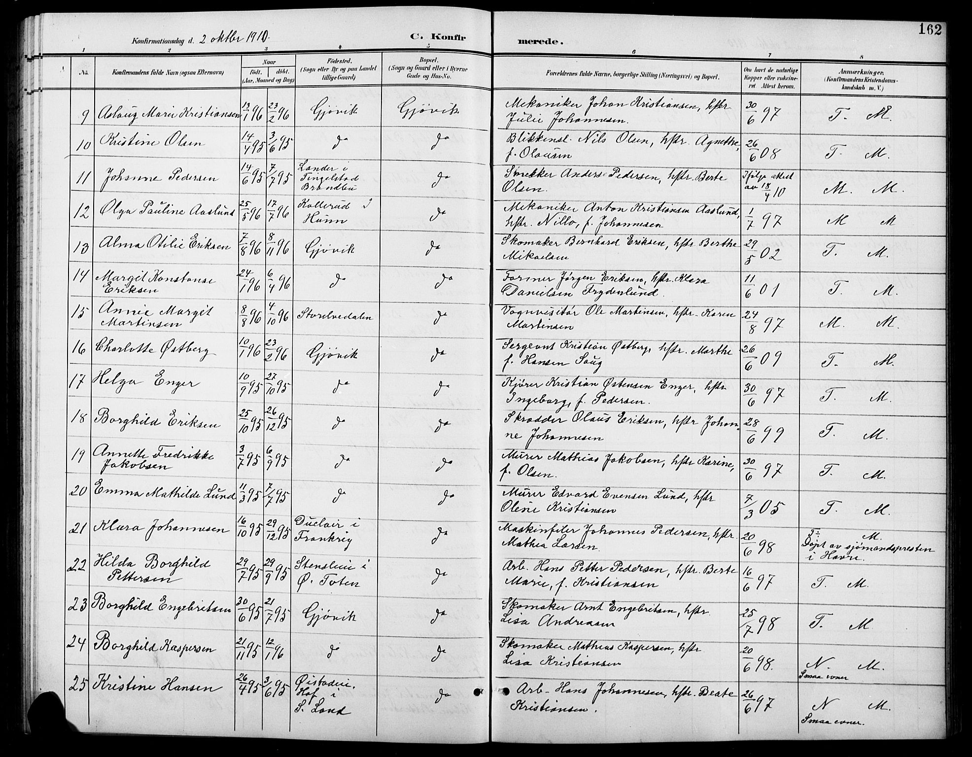 Vardal prestekontor, AV/SAH-PREST-100/H/Ha/Hab/L0012: Parish register (copy) no. 12, 1902-1911, p. 162