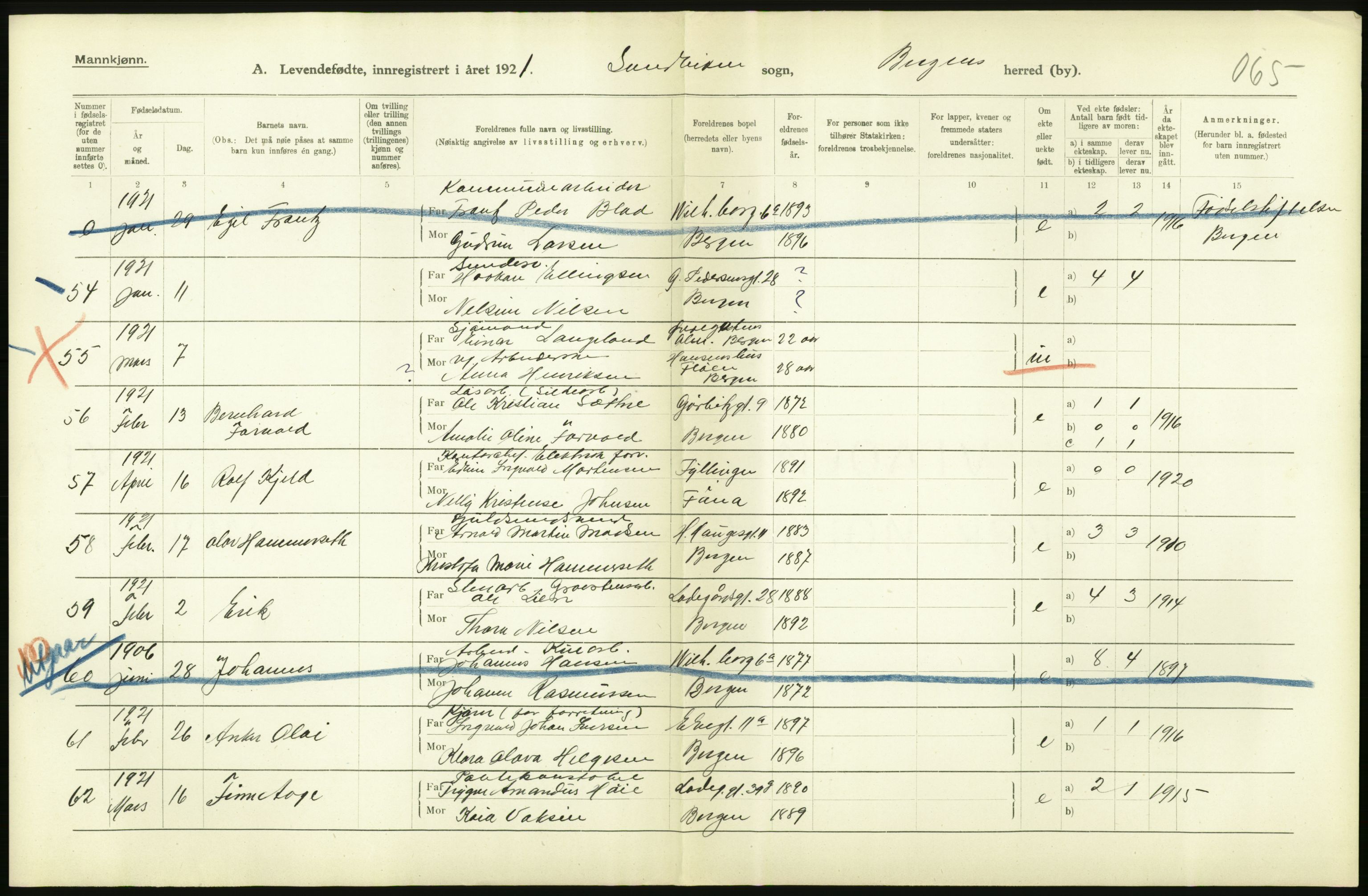Statistisk sentralbyrå, Sosiodemografiske emner, Befolkning, AV/RA-S-2228/D/Df/Dfc/Dfca/L0034: Bergen: Levendefødte menn og kvinner., 1921, p. 16