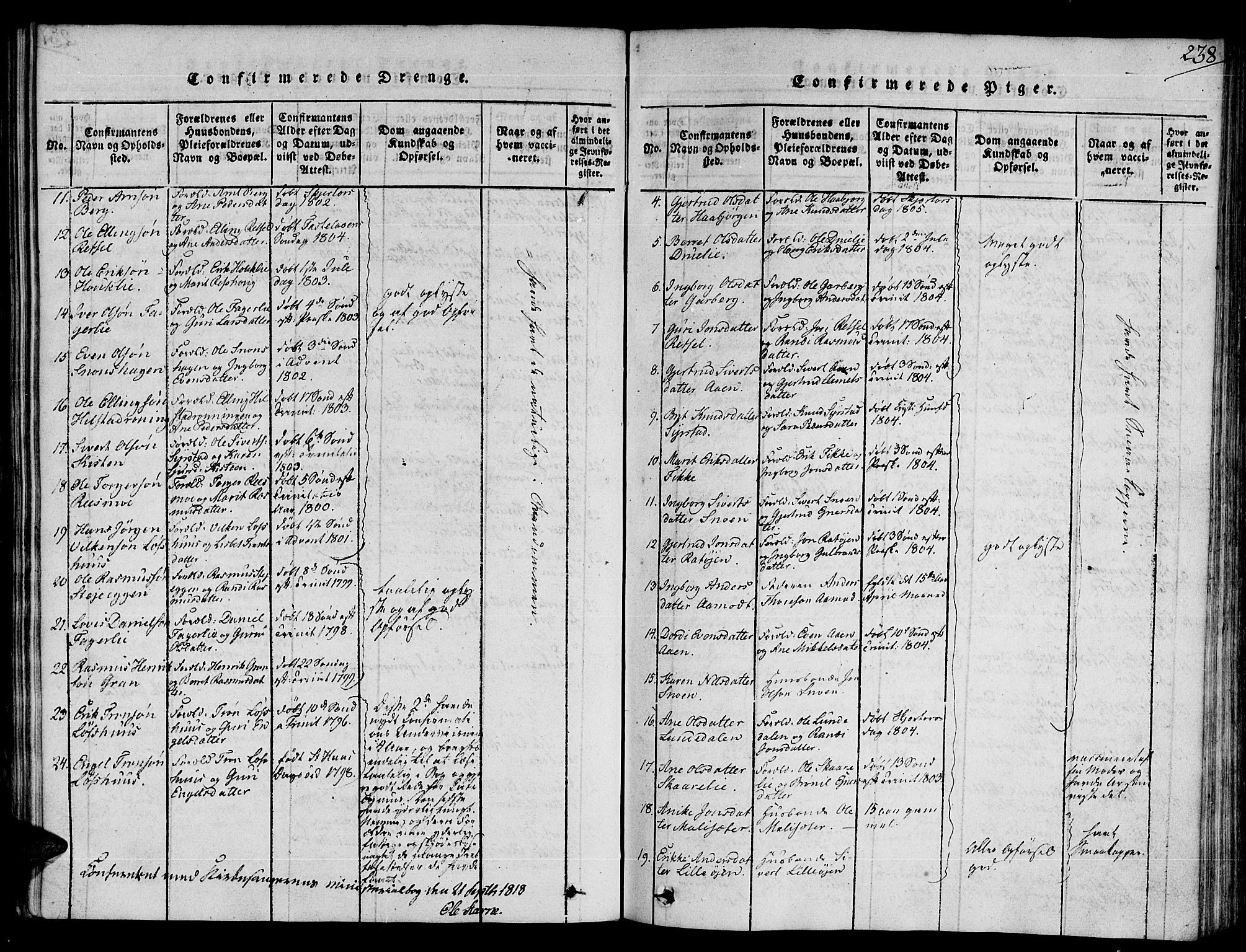 Ministerialprotokoller, klokkerbøker og fødselsregistre - Sør-Trøndelag, SAT/A-1456/672/L0853: Parish register (official) no. 672A06 /1, 1816-1829, p. 238