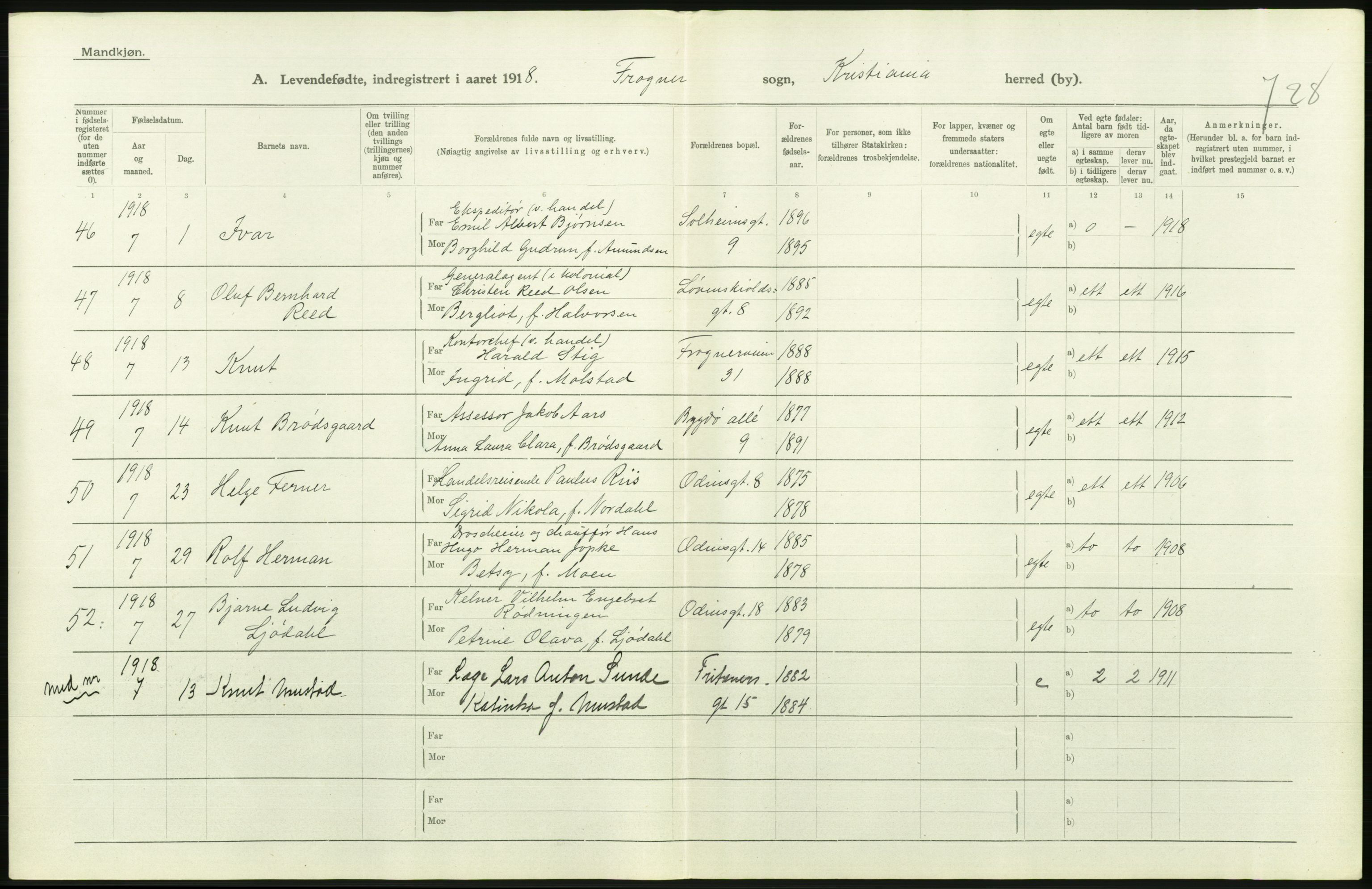 Statistisk sentralbyrå, Sosiodemografiske emner, Befolkning, AV/RA-S-2228/D/Df/Dfb/Dfbh/L0008: Kristiania: Levendefødte menn og kvinner., 1918, p. 692