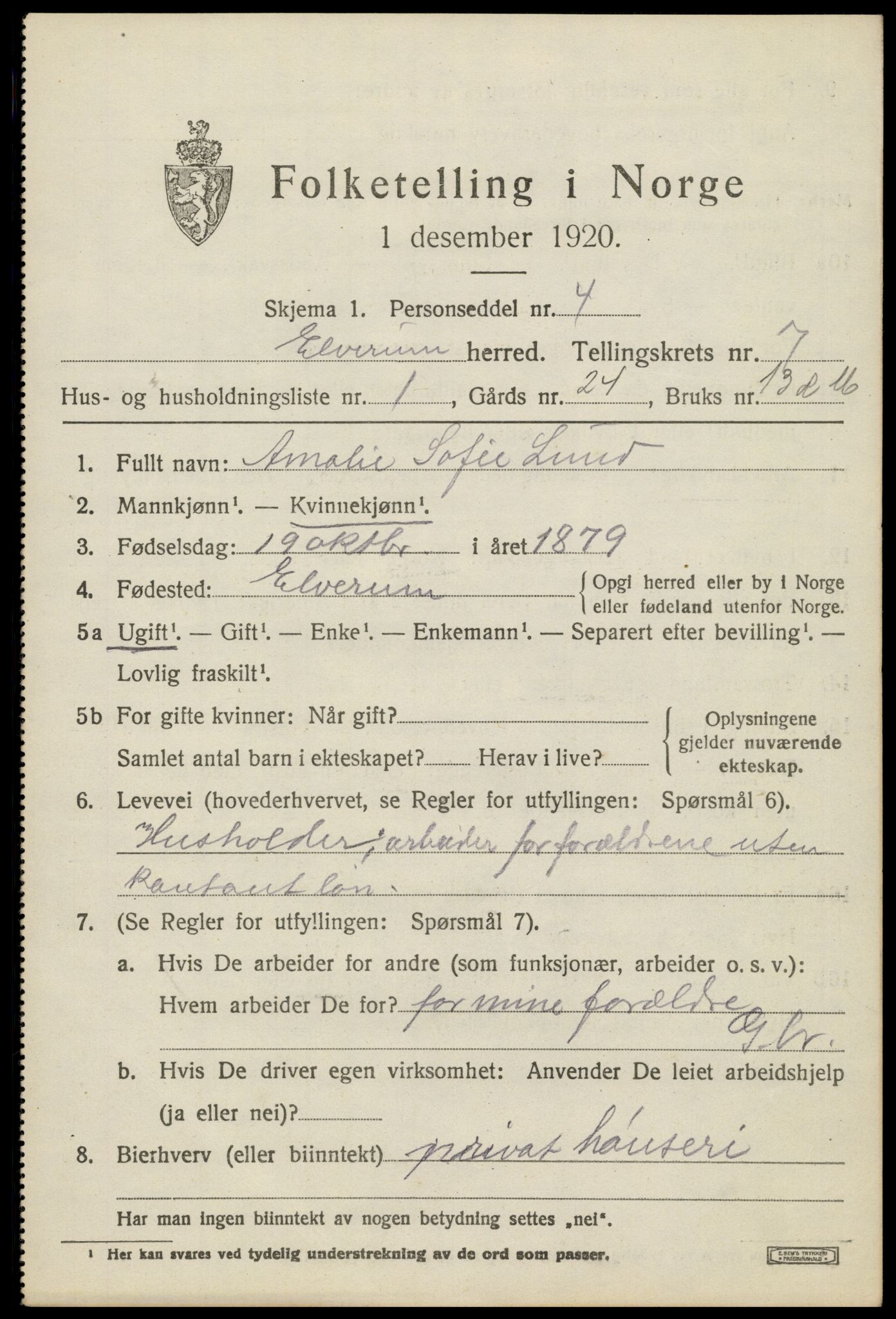 SAH, 1920 census for Elverum, 1920, p. 10944