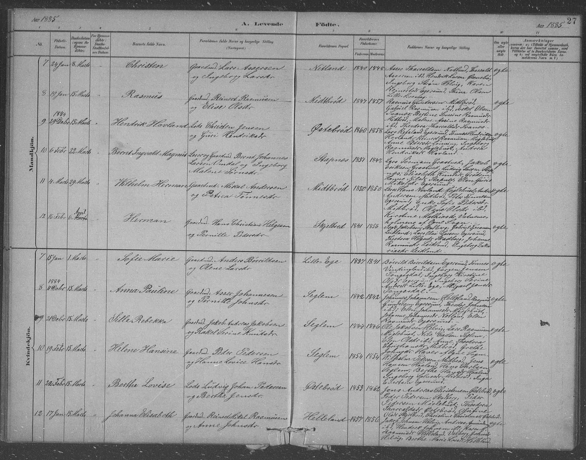 Eigersund sokneprestkontor, AV/SAST-A-101807/S09/L0007: Parish register (copy) no. B 7, 1882-1892, p. 27