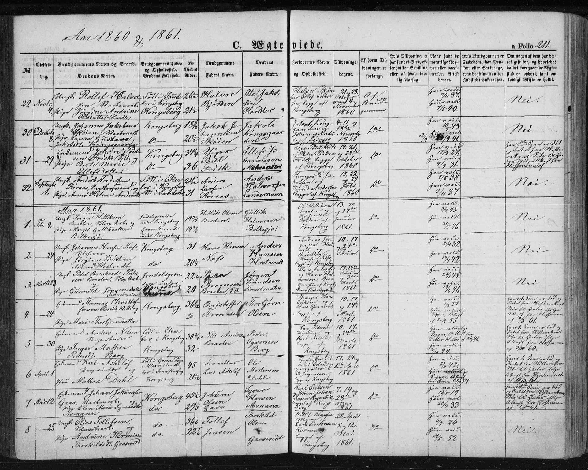 Kongsberg kirkebøker, SAKO/A-22/F/Fa/L0010: Parish register (official) no. I 10, 1859-1875, p. 211