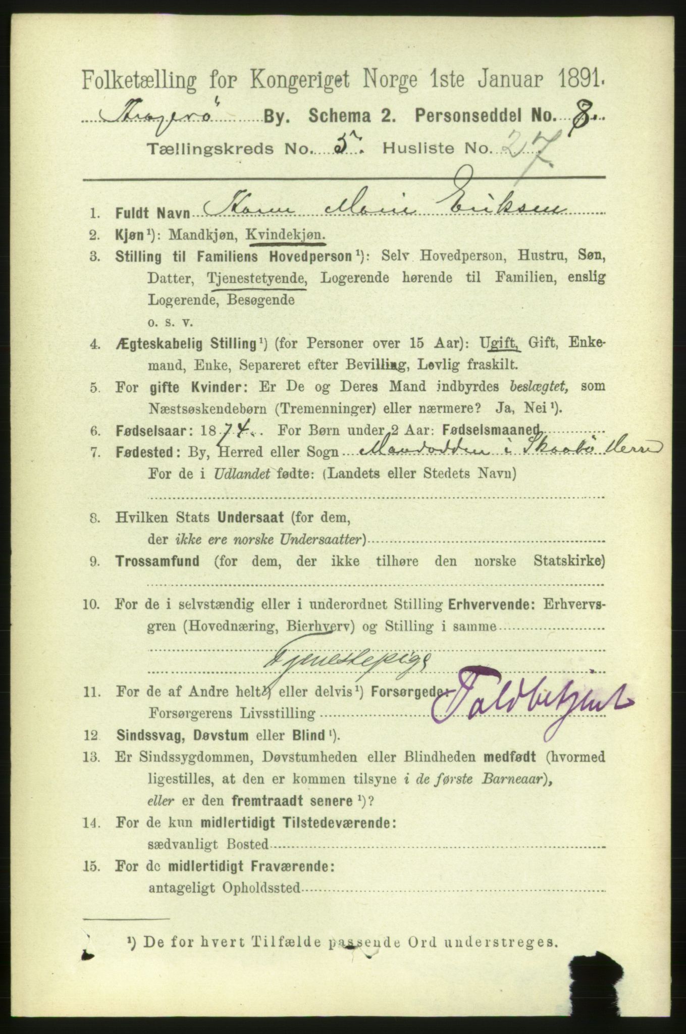 RA, 1891 census for 0801 Kragerø, 1891, p. 3267