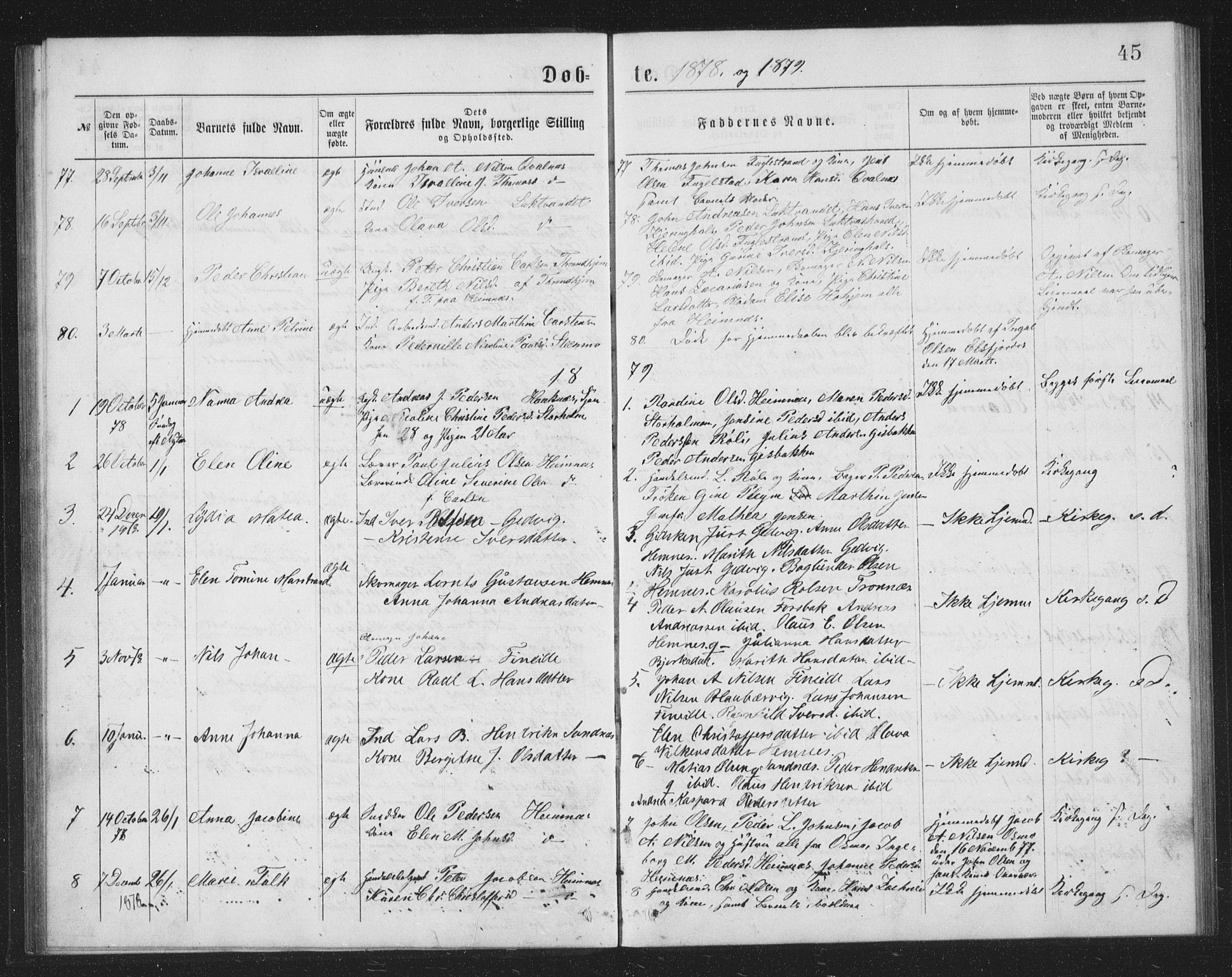 Ministerialprotokoller, klokkerbøker og fødselsregistre - Nordland, AV/SAT-A-1459/825/L0369: Parish register (copy) no. 825C06, 1873-1885, p. 45