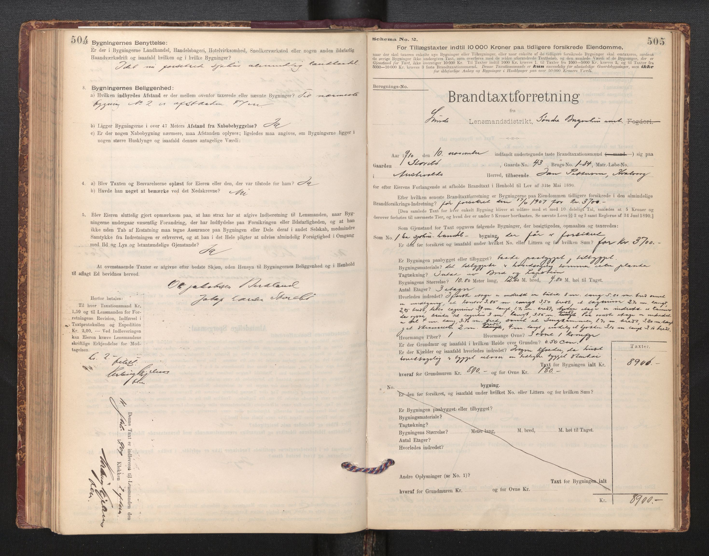 Lensmannen i Sund og Austevoll, SAB/A-35201/0012/L0003: Branntakstprotokoll, skjematakst, 1894-1917, p. 504-505