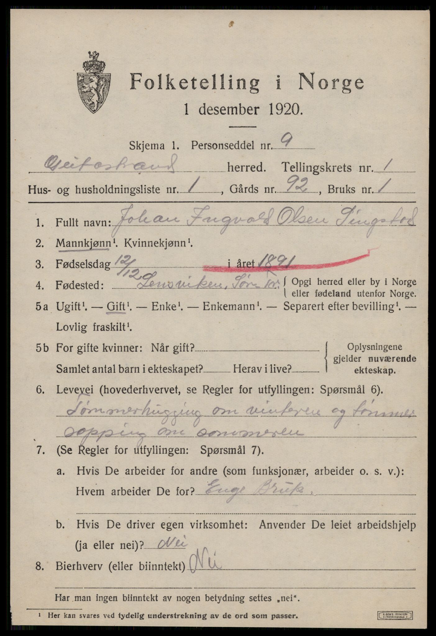 SAT, 1920 census for Geitastrand, 1920, p. 255