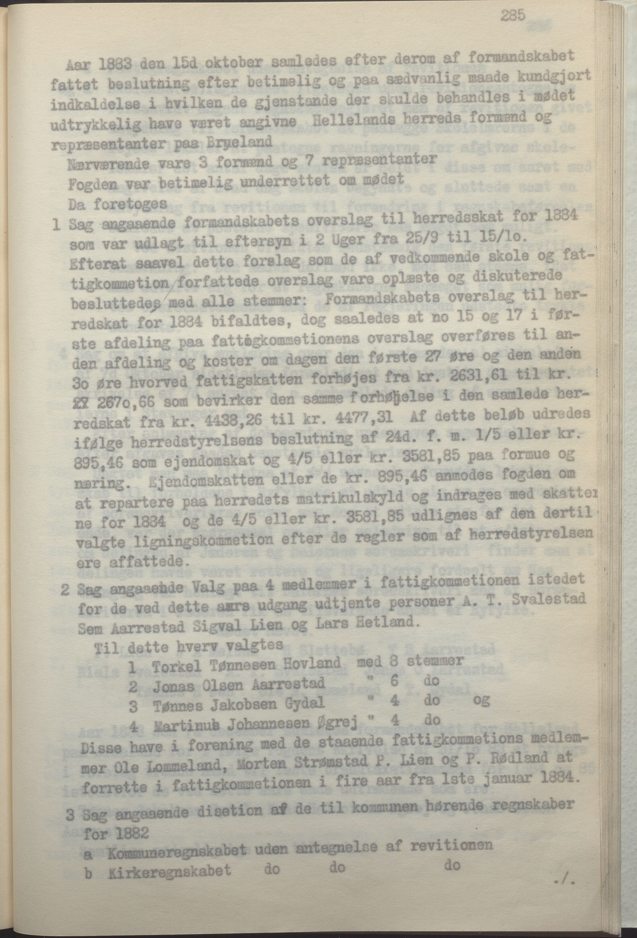 Helleland kommune - Formannskapet, IKAR/K-100479/A/Ab/L0002: Avskrift av møtebok, 1866-1887, p. 285