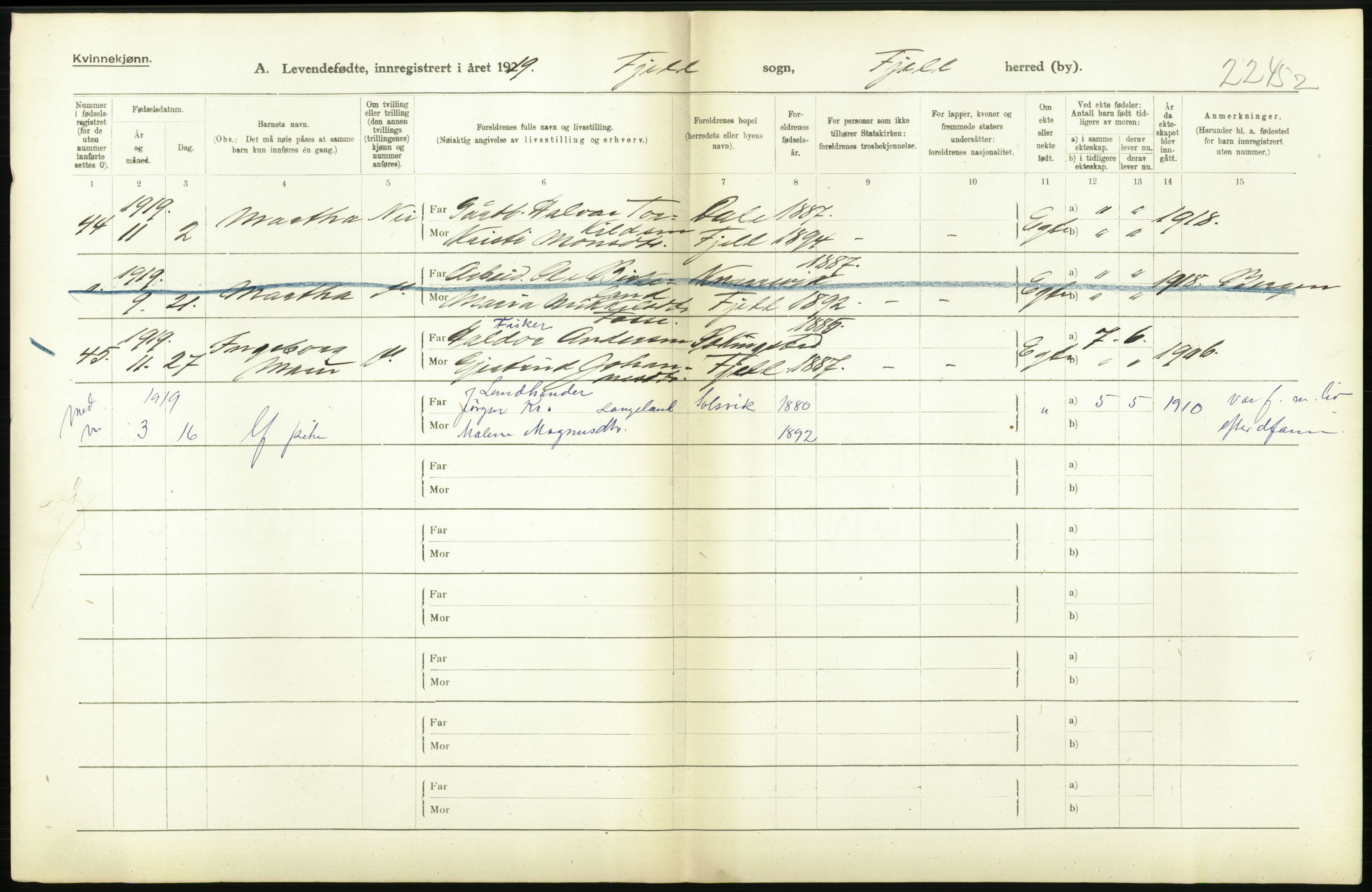 Statistisk sentralbyrå, Sosiodemografiske emner, Befolkning, RA/S-2228/D/Df/Dfb/Dfbi/L0031: Hordaland fylke: Levendefødte menn og kvinner. Bygder., 1919, p. 258