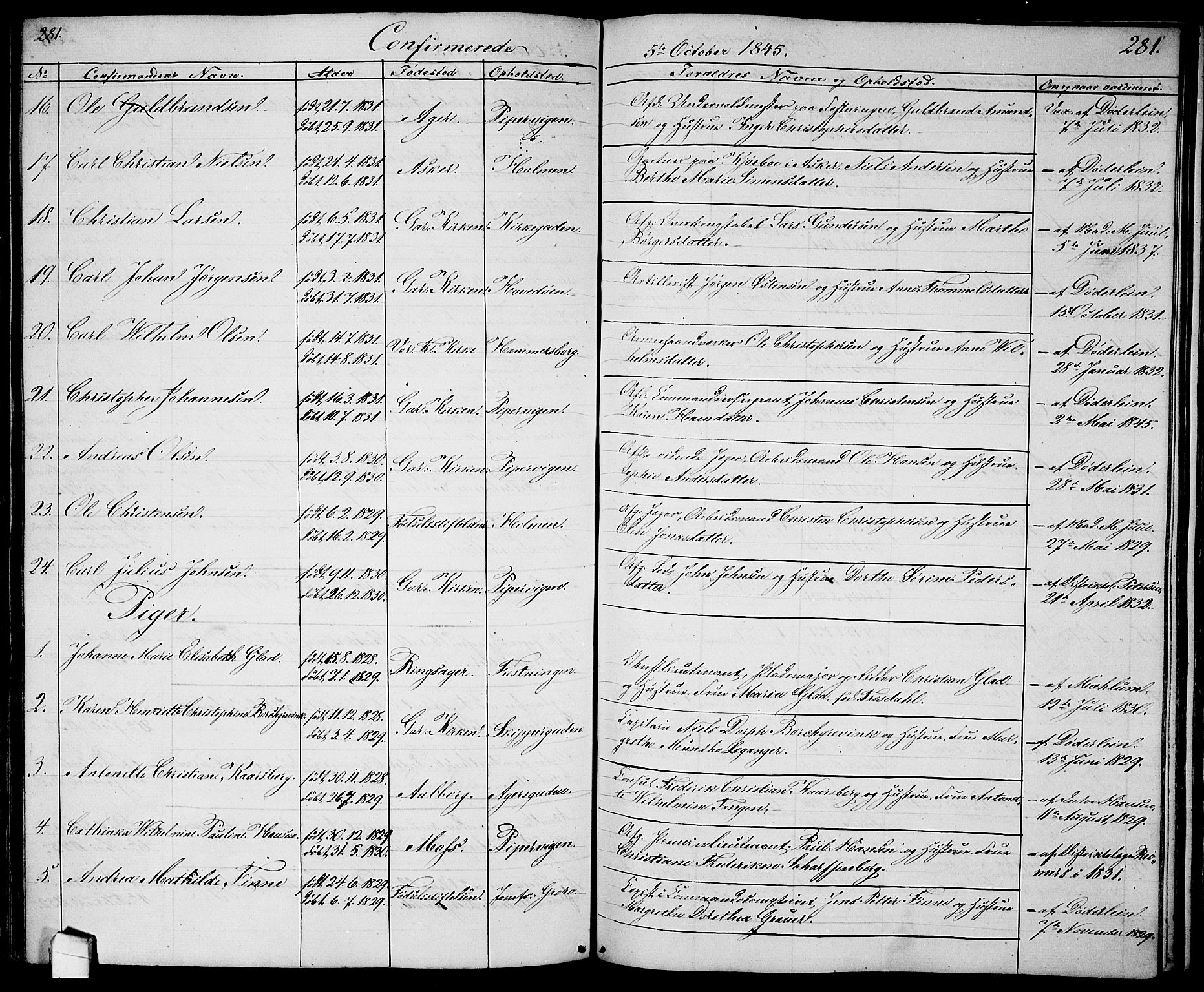 Garnisonsmenigheten Kirkebøker, AV/SAO-A-10846/G/Ga/L0005: Parish register (copy) no. 5, 1841-1860, p. 281