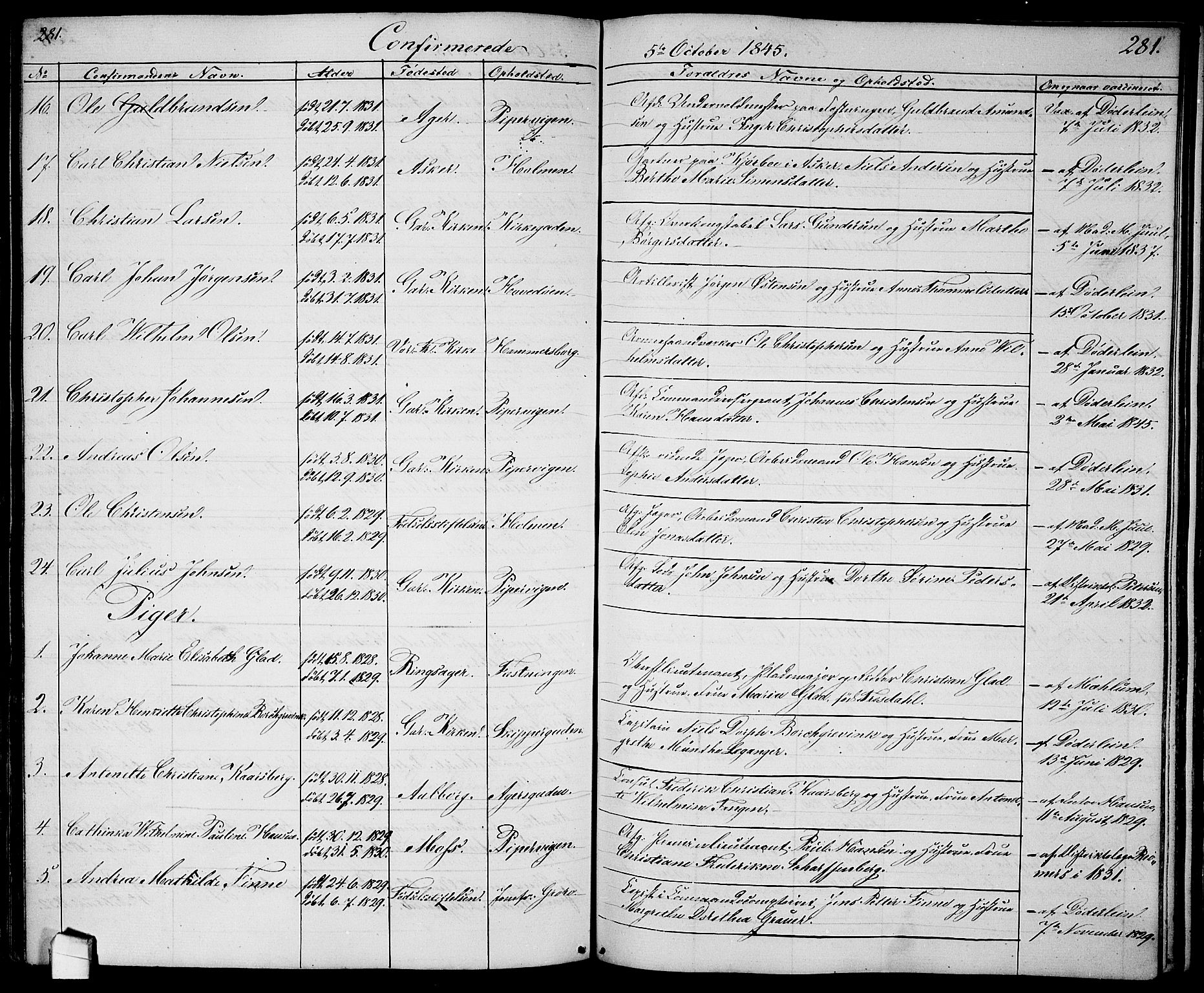 Garnisonsmenigheten Kirkebøker, SAO/A-10846/G/Ga/L0005: Parish register (copy) no. 5, 1841-1860, p. 281