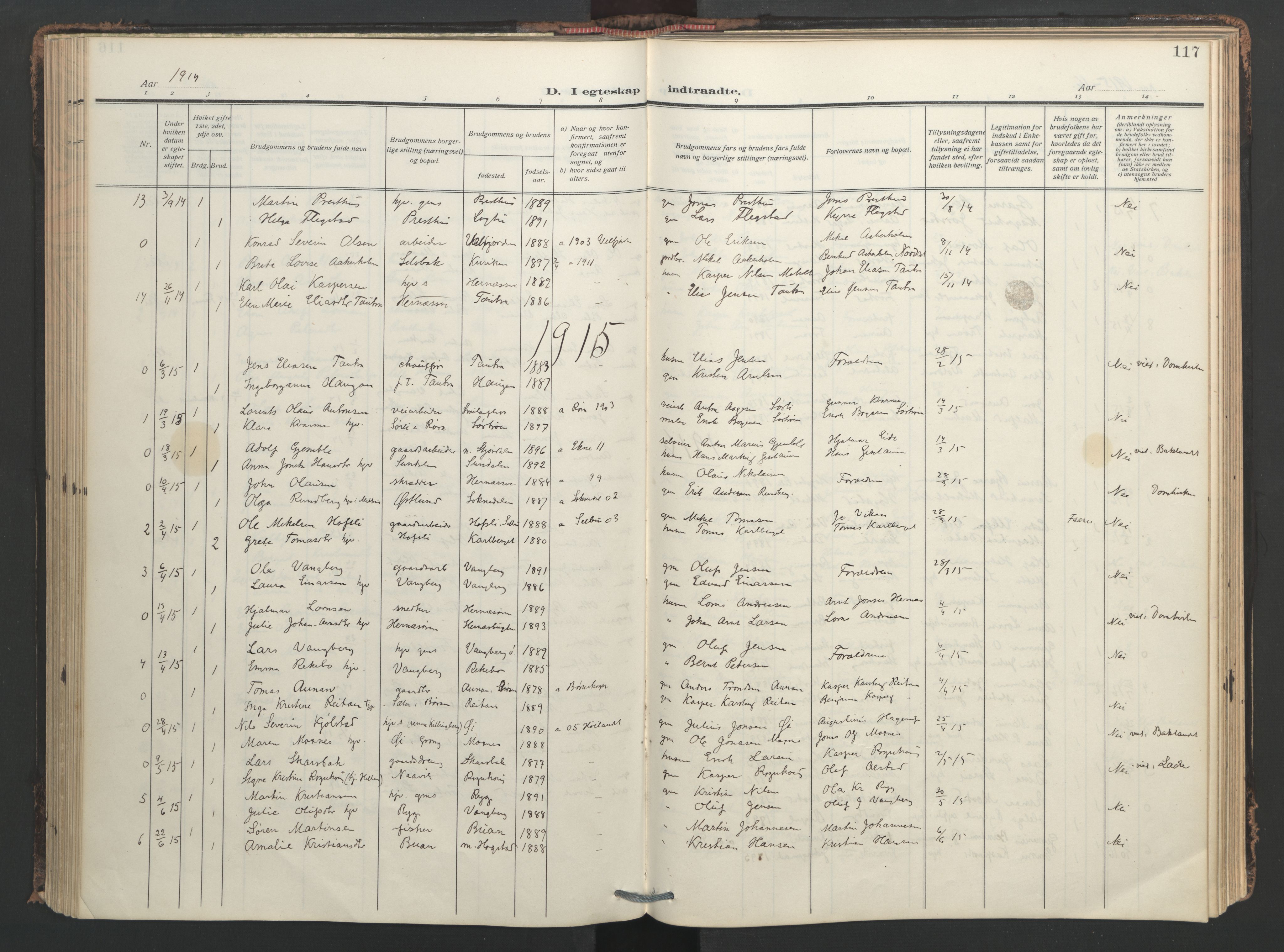 Ministerialprotokoller, klokkerbøker og fødselsregistre - Nord-Trøndelag, SAT/A-1458/713/L0123: Parish register (official) no. 713A12, 1911-1925, p. 117