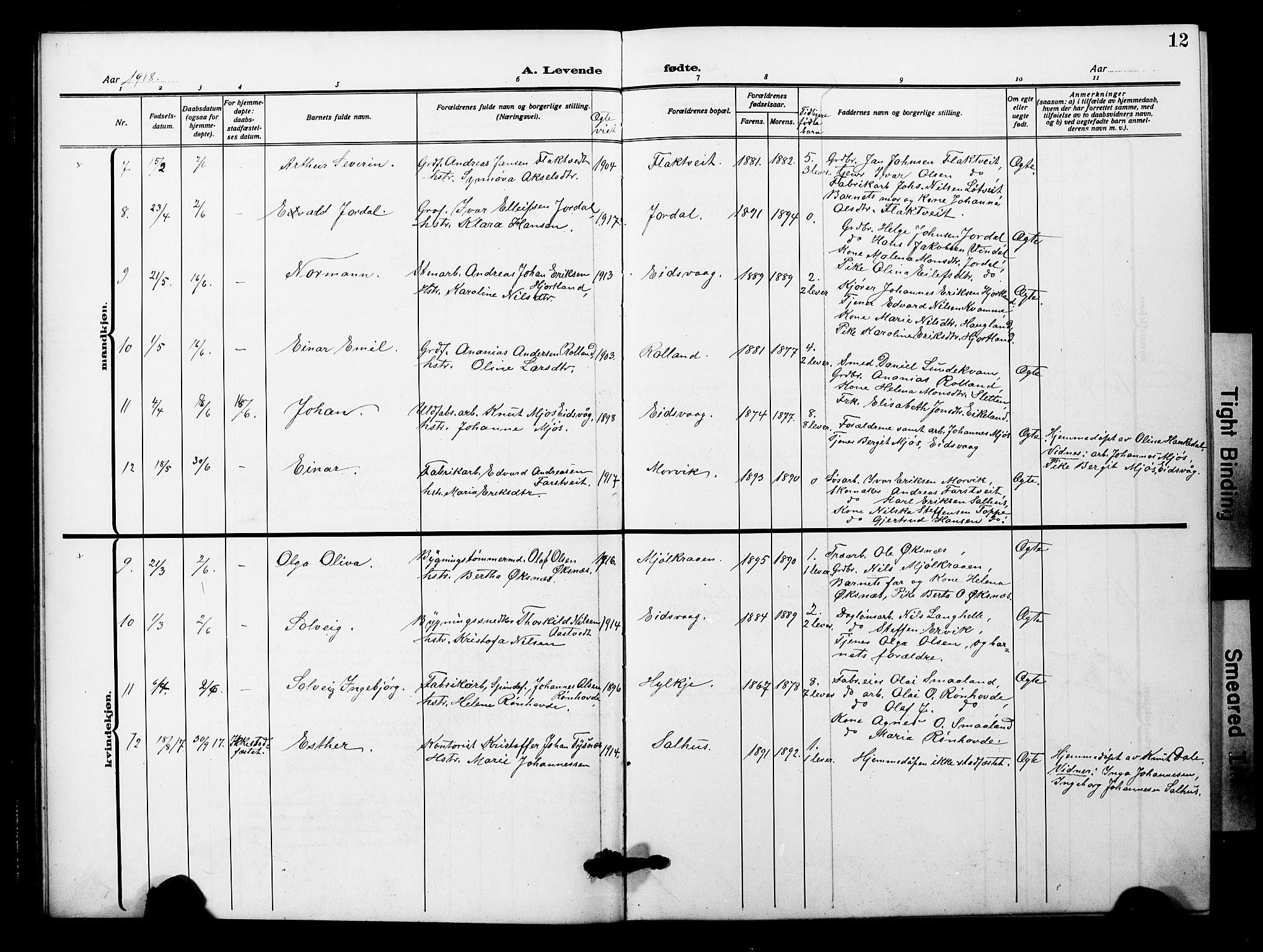 Åsane sokneprestembete, AV/SAB-A-79401/H/Hab: Parish register (copy) no. A 4, 1915-1927, p. 12