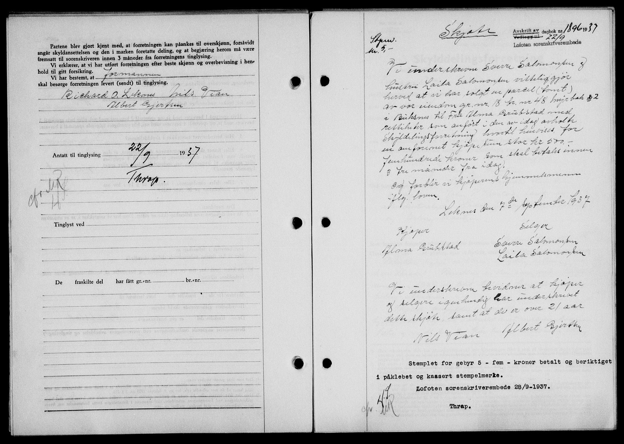 Lofoten sorenskriveri, SAT/A-0017/1/2/2C/L0002a: Mortgage book no. 2a, 1937-1937, Diary no: : 1896/1937