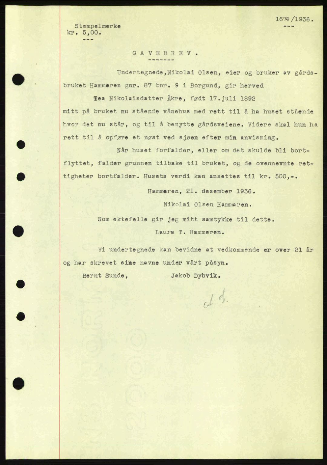 Nordre Sunnmøre sorenskriveri, AV/SAT-A-0006/1/2/2C/2Ca: Mortgage book no. A2, 1936-1937, Diary no: : 1674/1936