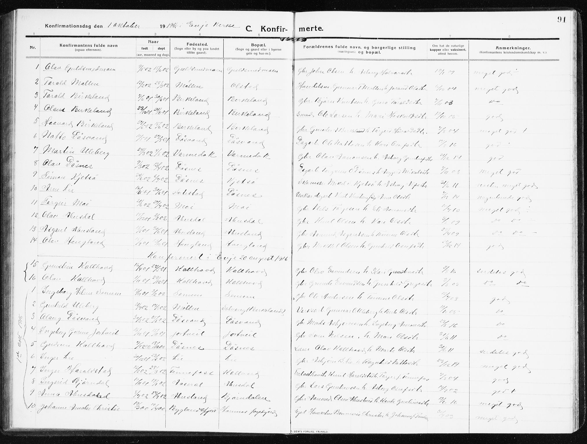 Evje sokneprestkontor, SAK/1111-0008/F/Fb/Fbb/L0003: Parish register (copy) no. B 3, 1910-1933, p. 91