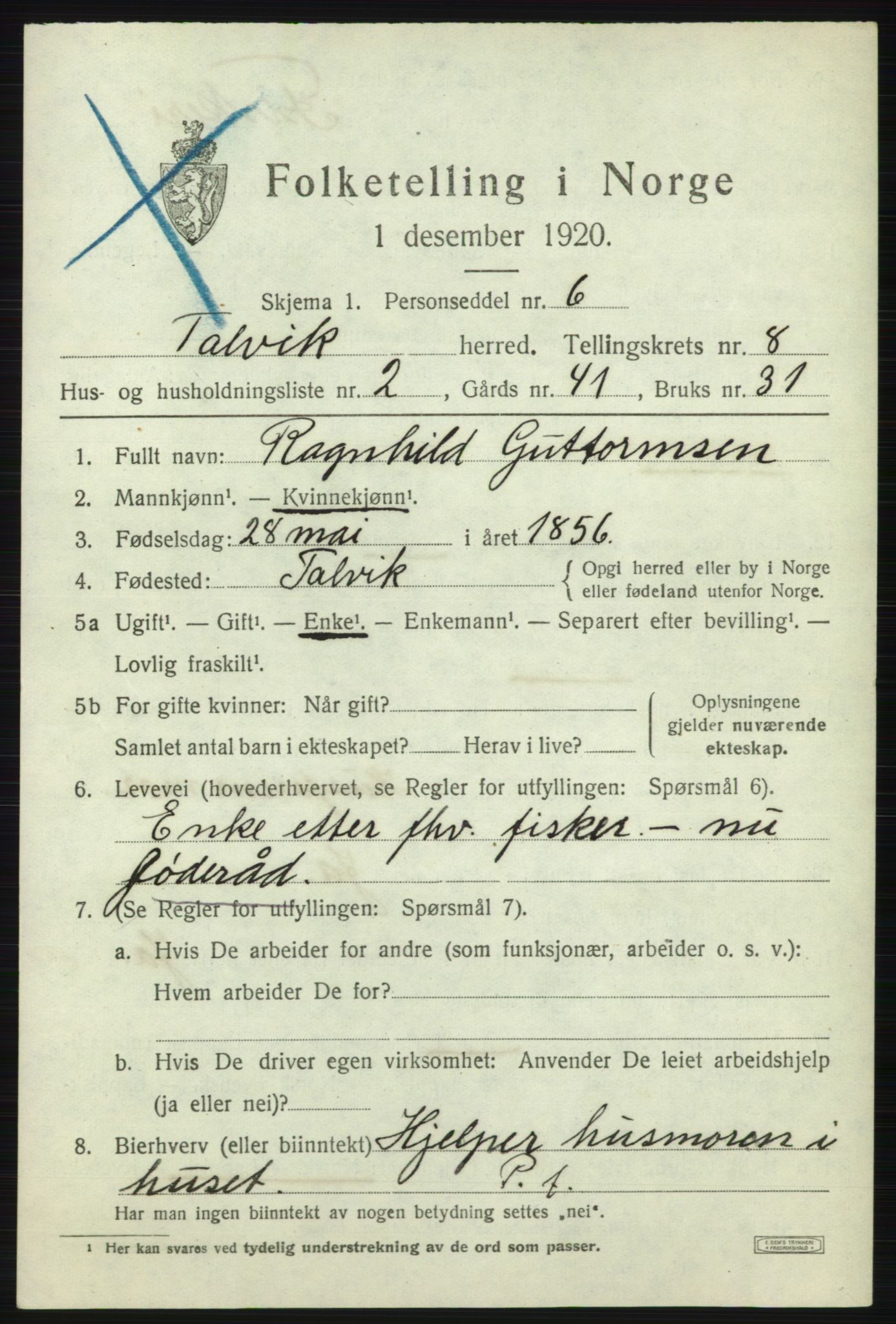 SATØ, 1920 census for Talvik, 1920, p. 5002