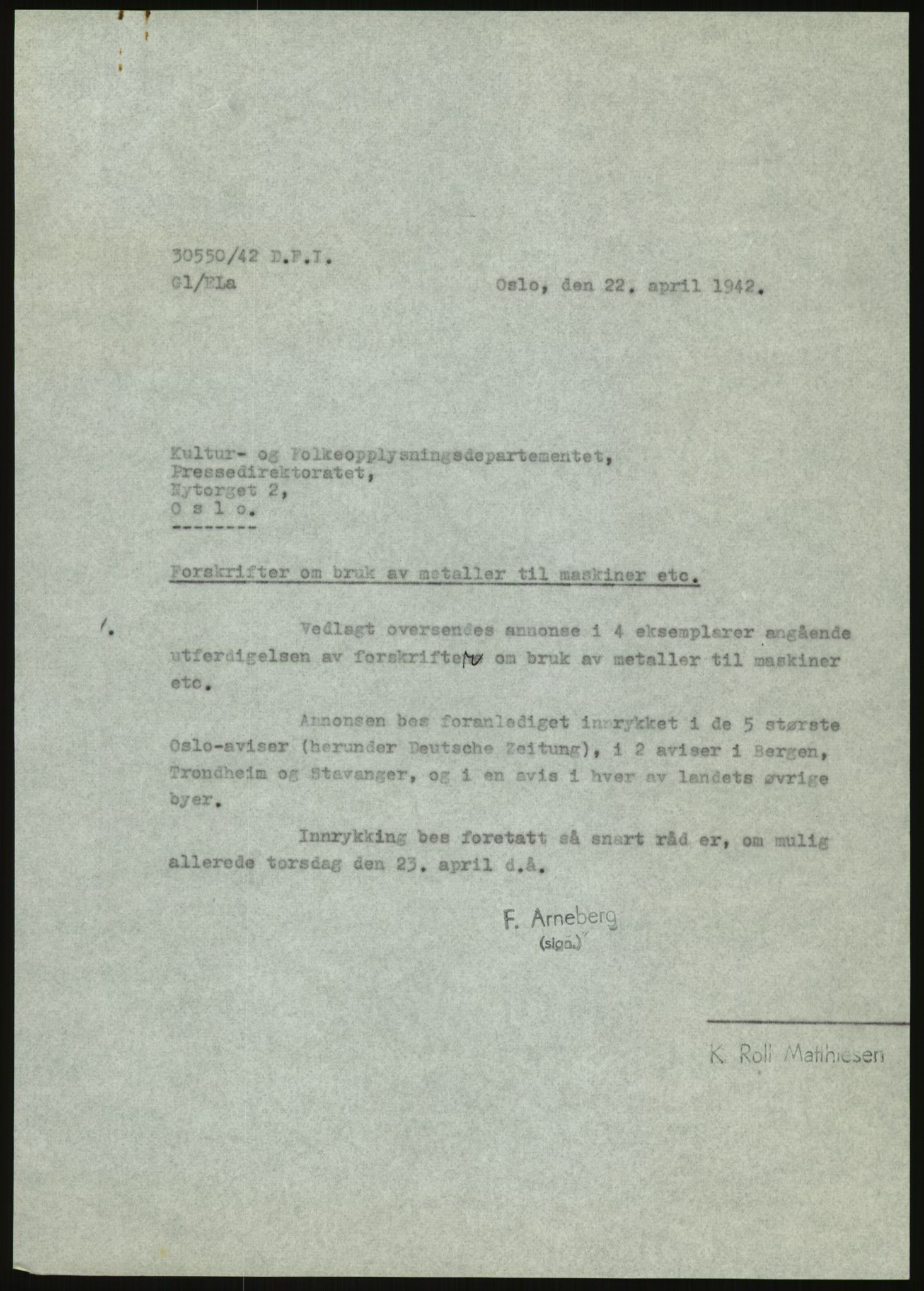 Direktoratet for industriforsyning, Sekretariatet, AV/RA-S-4153/D/Df/L0054: 9. Metallkontoret, 1940-1945, p. 1491
