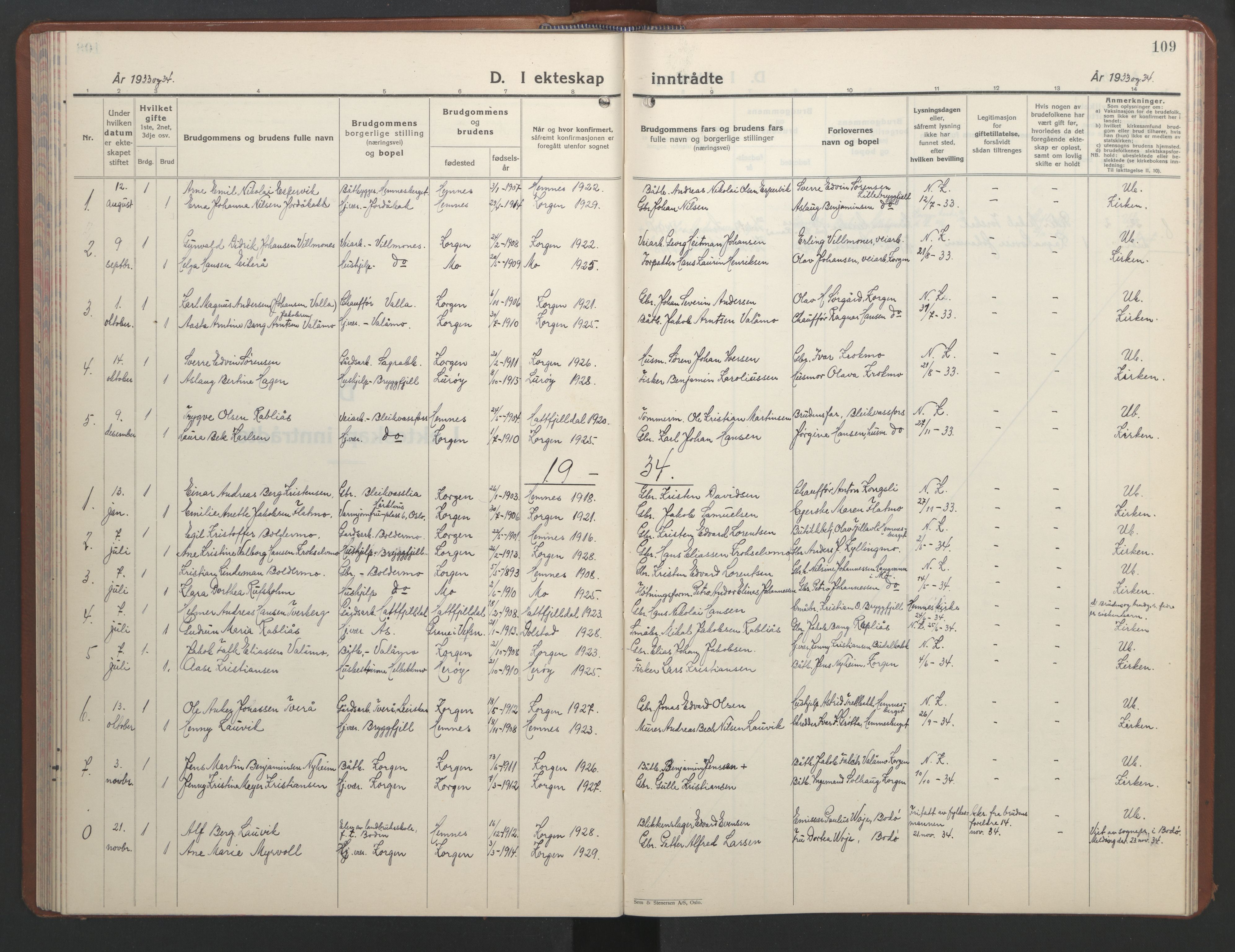 Ministerialprotokoller, klokkerbøker og fødselsregistre - Nordland, AV/SAT-A-1459/826/L0385: Parish register (copy) no. 826C05, 1933-1951, p. 109