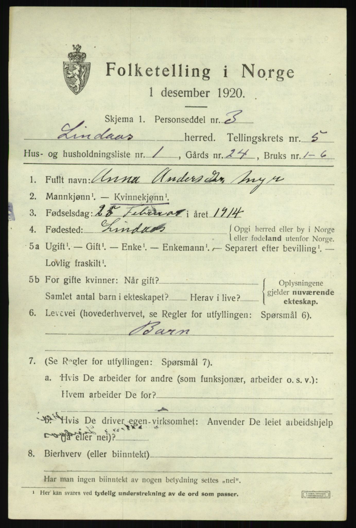 SAB, 1920 census for Lindås, 1920, p. 2835