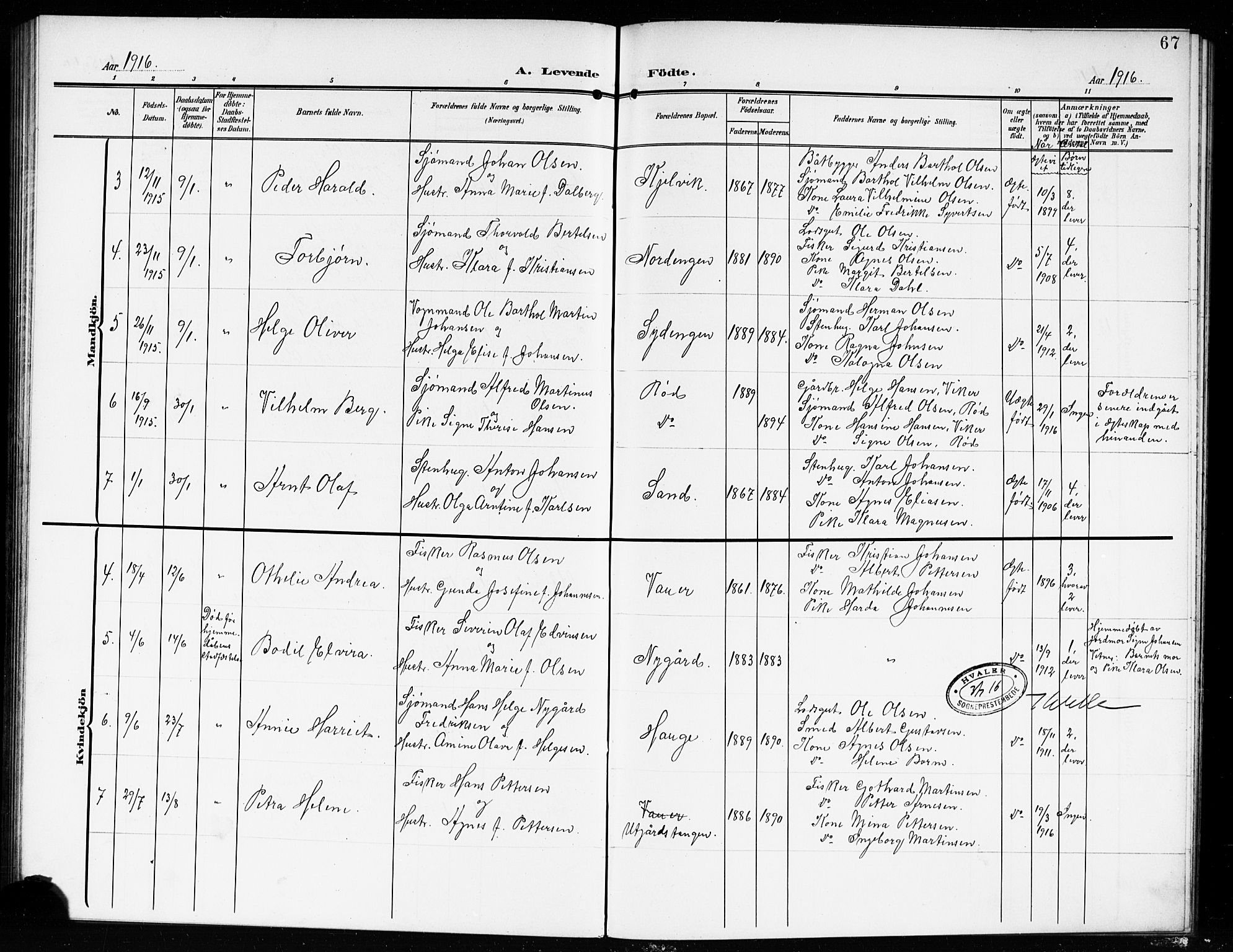 Hvaler prestekontor Kirkebøker, AV/SAO-A-2001/G/Gb/L0003: Parish register (copy) no. II 3, 1904-1917, p. 67