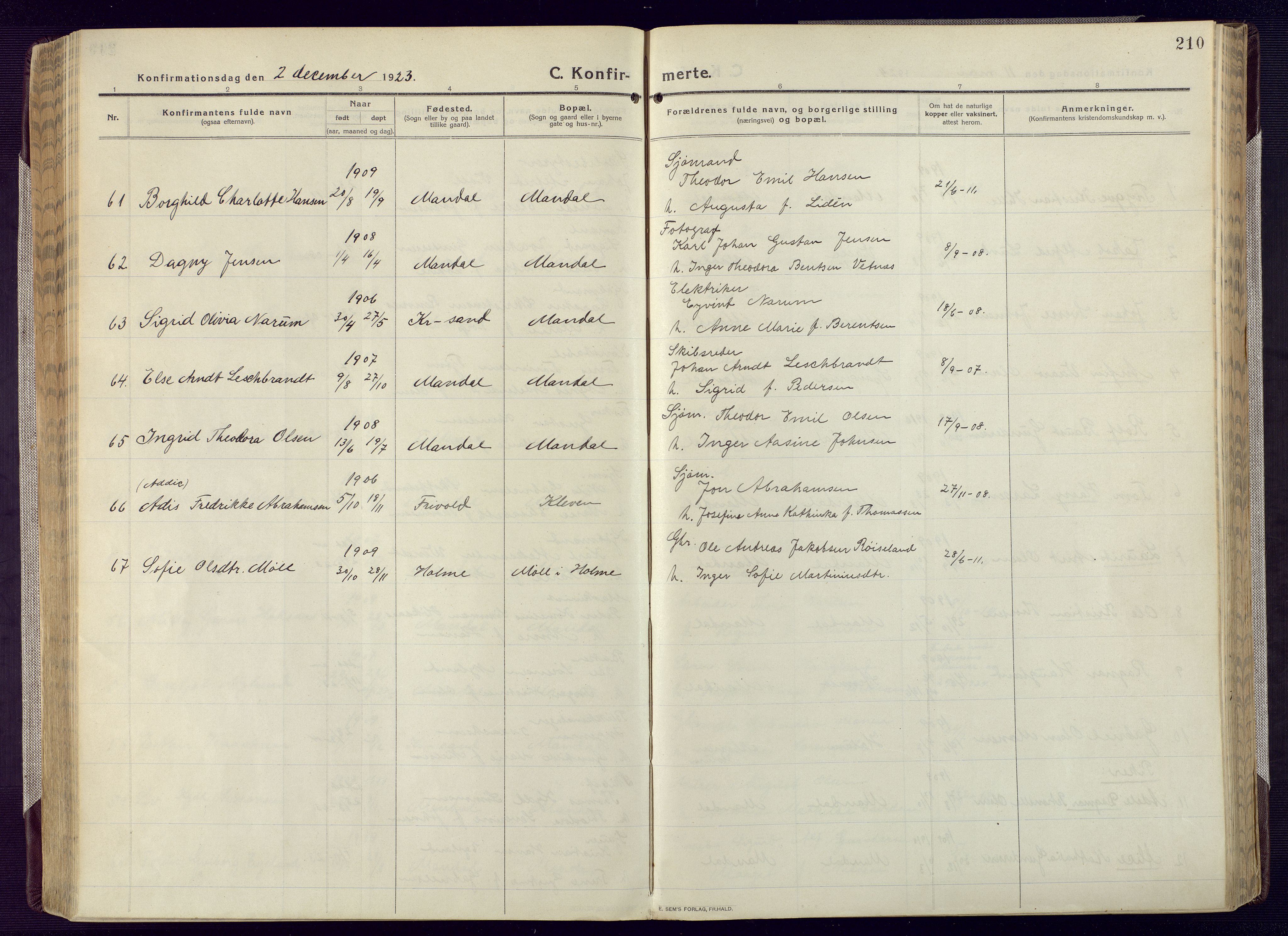 Mandal sokneprestkontor, AV/SAK-1111-0030/F/Fa/Fac/L0001: Parish register (official) no. A 1, 1913-1925, p. 210