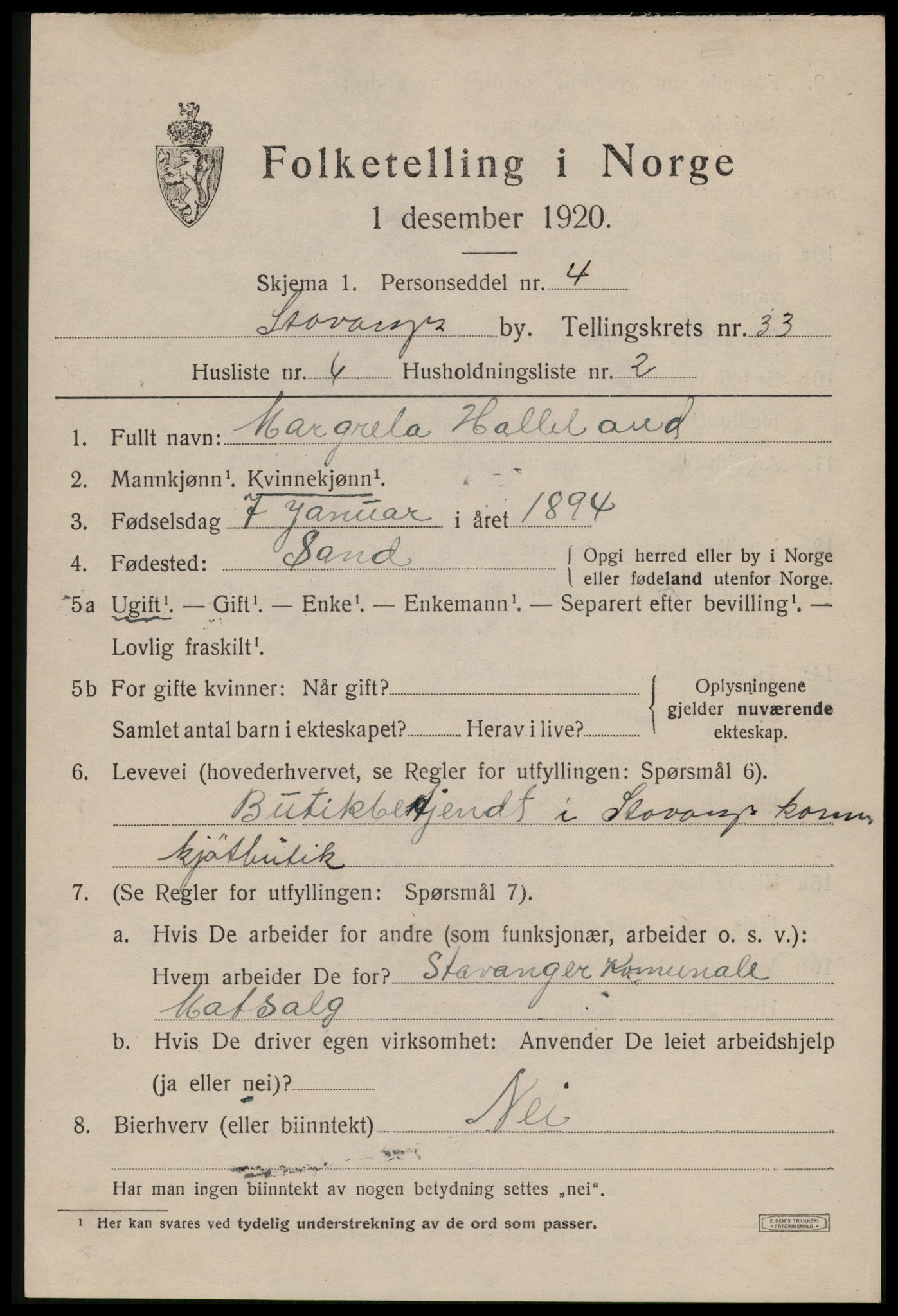 SAST, 1920 census for Stavanger, 1920, p. 90786