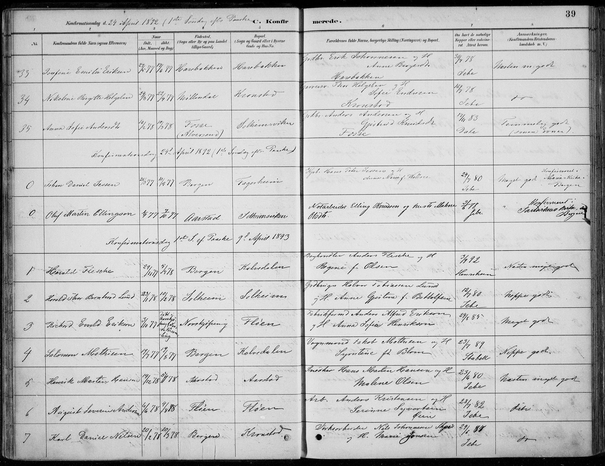 Årstad Sokneprestembete, AV/SAB-A-79301/H/Haa/L0006: Parish register (official) no. B 1, 1886-1901, p. 39