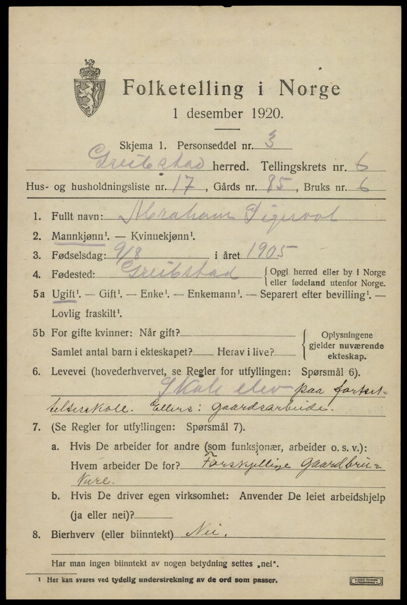 SAK, 1920 census for Greipstad, 1920, p. 2074
