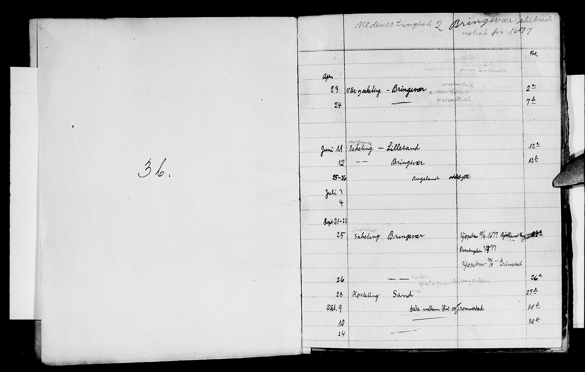 Nedenes sorenskriveri før 1824, SAK/1221-0007/F/Fa/L0002: Tingbok Bringsvær tinglag, med register nr. 1b, 1677