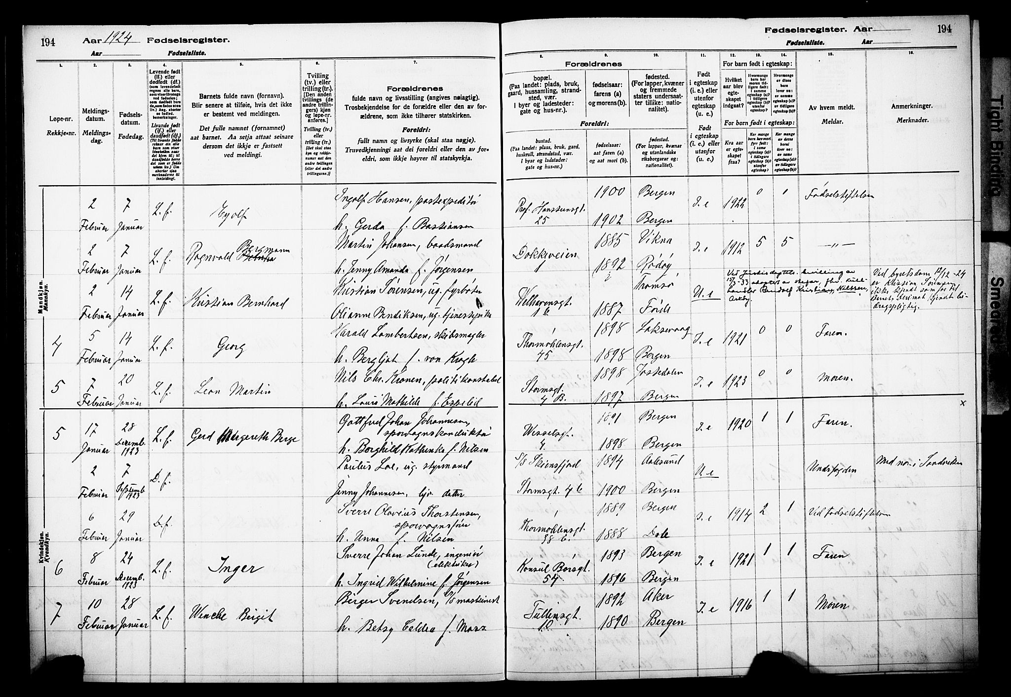 Johanneskirken sokneprestembete, AV/SAB-A-76001/I/Id/L00A1: Birth register no. A 1, 1916-1924, p. 194