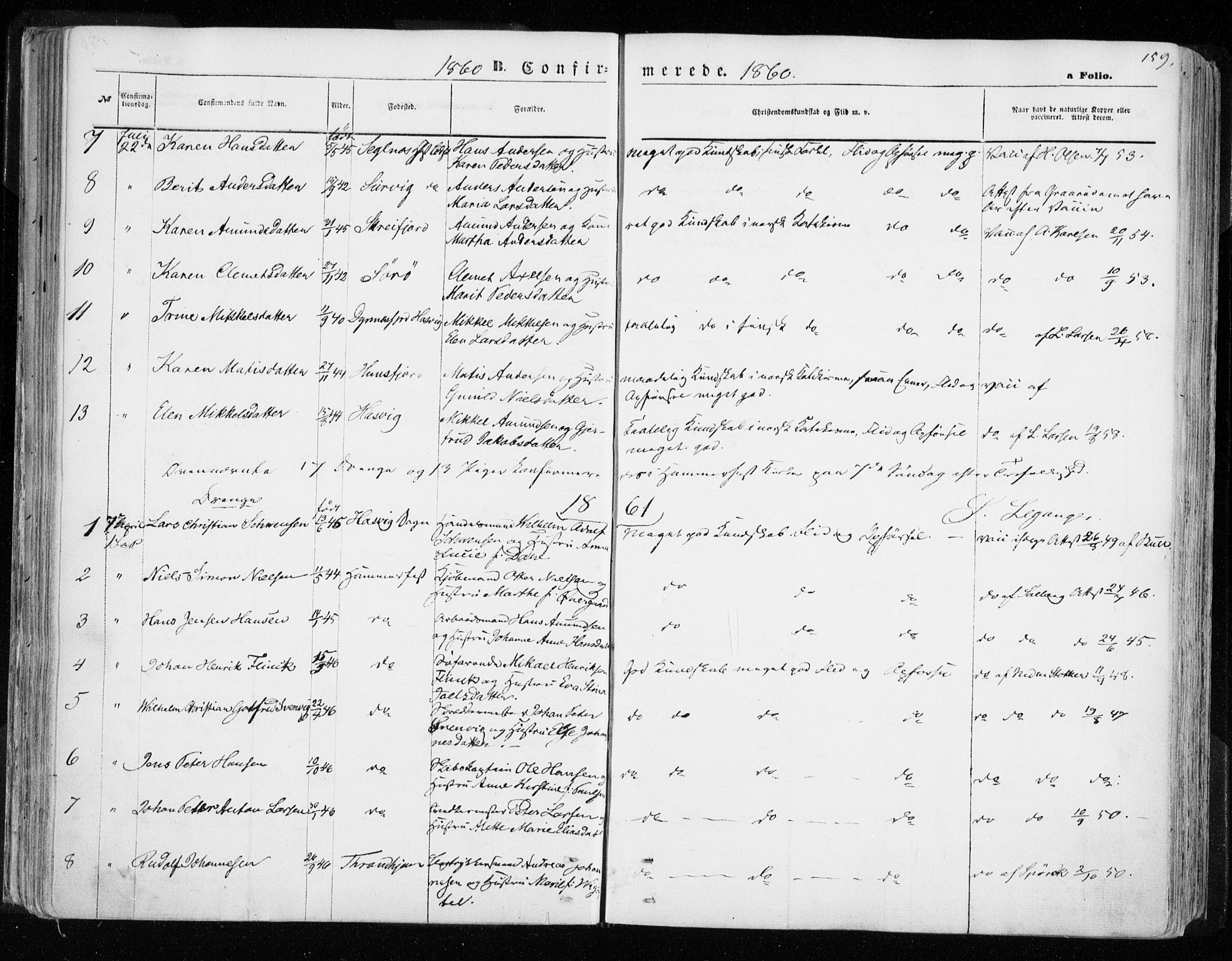Hammerfest sokneprestkontor, AV/SATØ-S-1347/H/Ha/L0005.kirke: Parish register (official) no. 5, 1857-1869, p. 159