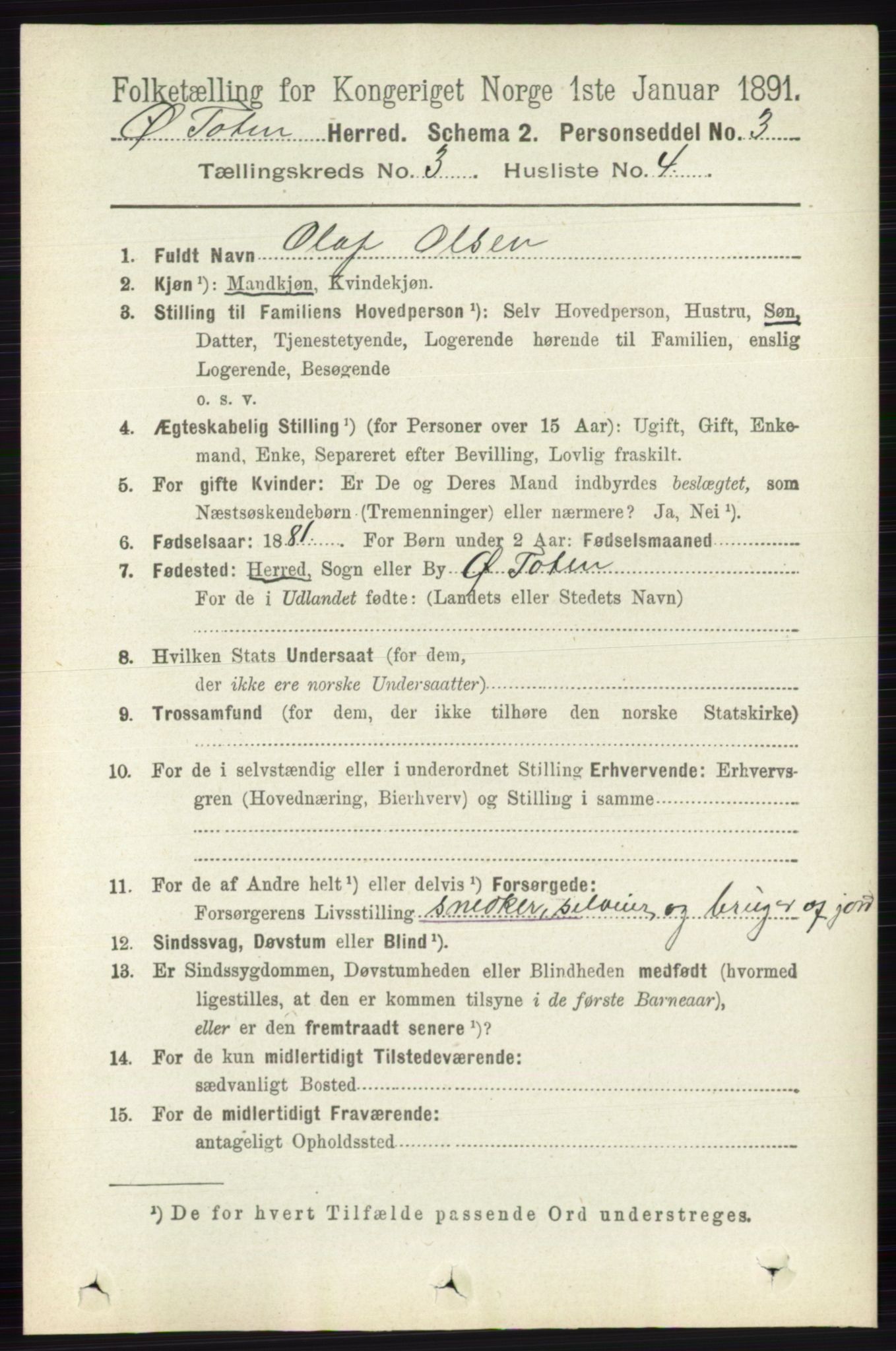 RA, 1891 census for 0528 Østre Toten, 1891, p. 1578