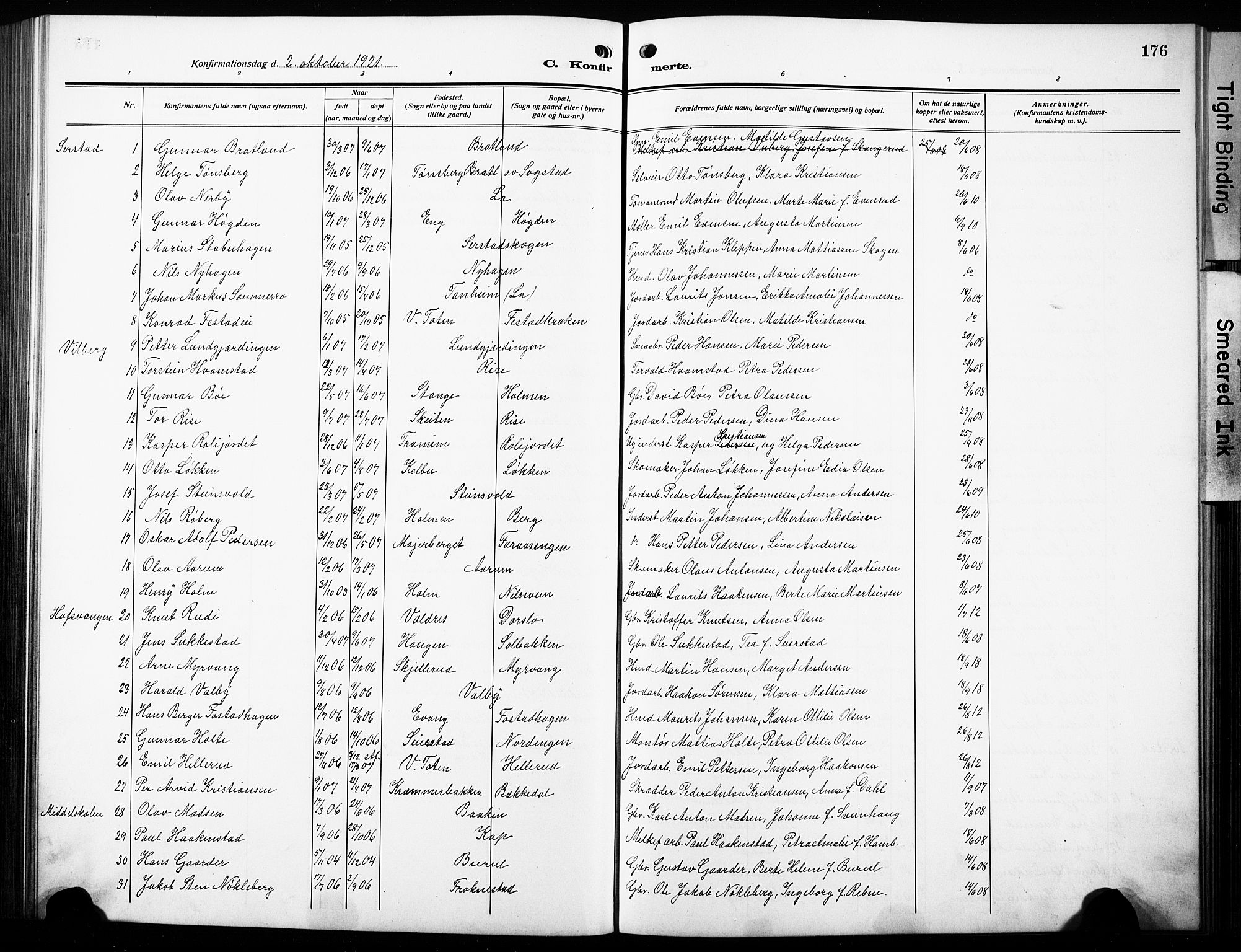 Østre Toten prestekontor, AV/SAH-PREST-104/H/Ha/Hab/L0010: Parish register (copy) no. 10, 1912-1933, p. 176