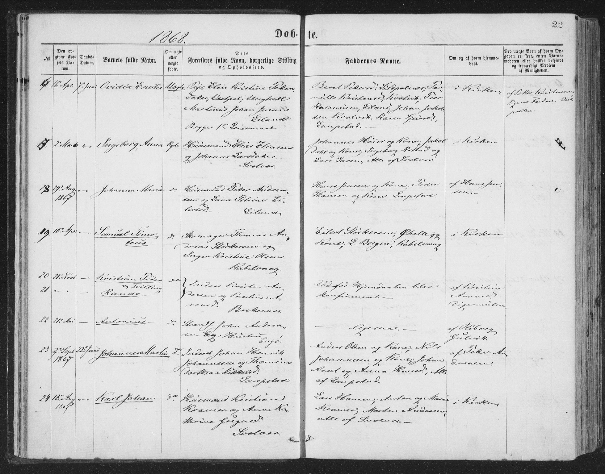 Ministerialprotokoller, klokkerbøker og fødselsregistre - Nordland, AV/SAT-A-1459/874/L1057: Parish register (official) no. 874A01, 1866-1877, p. 22