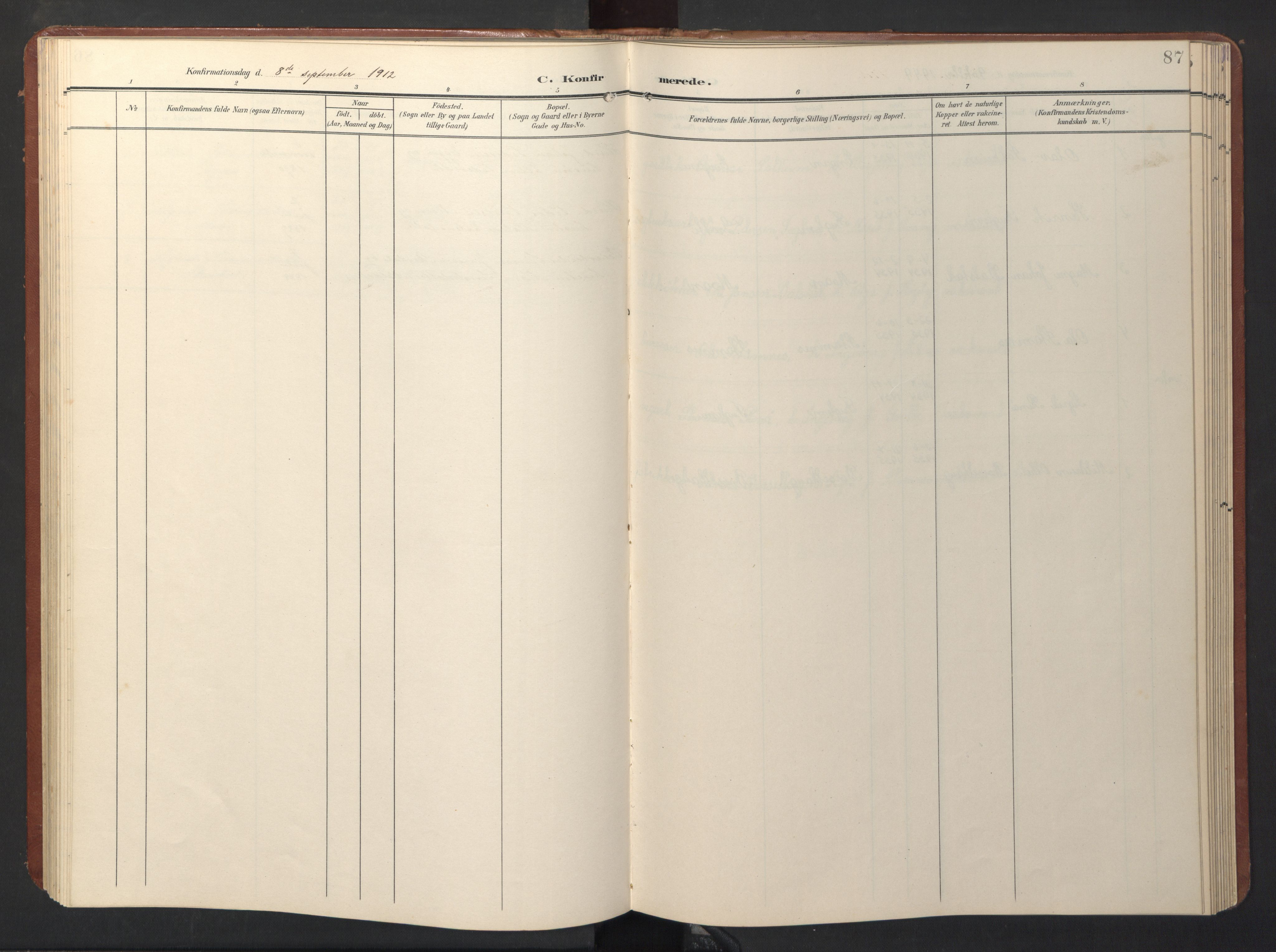 Ministerialprotokoller, klokkerbøker og fødselsregistre - Sør-Trøndelag, SAT/A-1456/696/L1161: Parish register (copy) no. 696C01, 1902-1950, p. 87