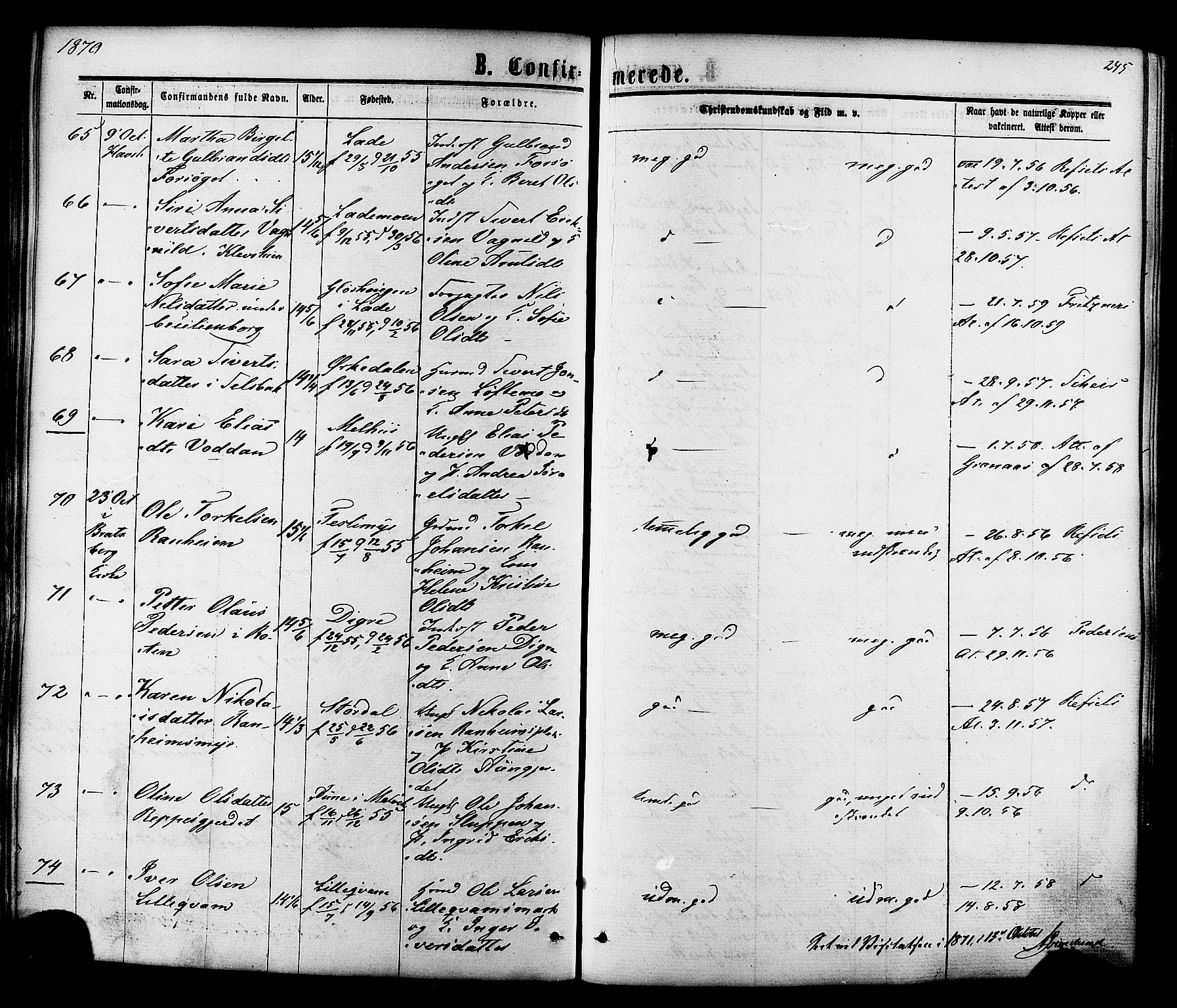 Ministerialprotokoller, klokkerbøker og fødselsregistre - Sør-Trøndelag, SAT/A-1456/606/L0293: Parish register (official) no. 606A08, 1866-1877, p. 245