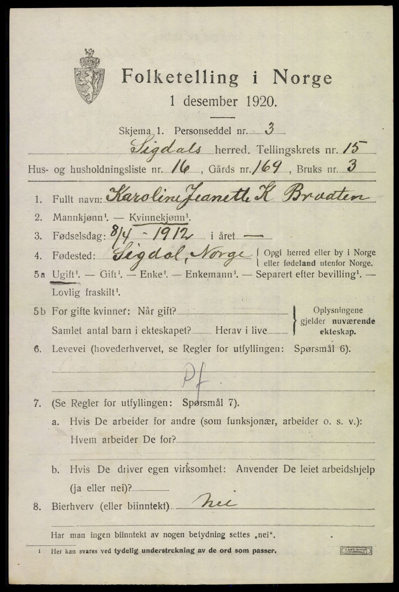 SAKO, 1920 census for Sigdal, 1920, p. 9178