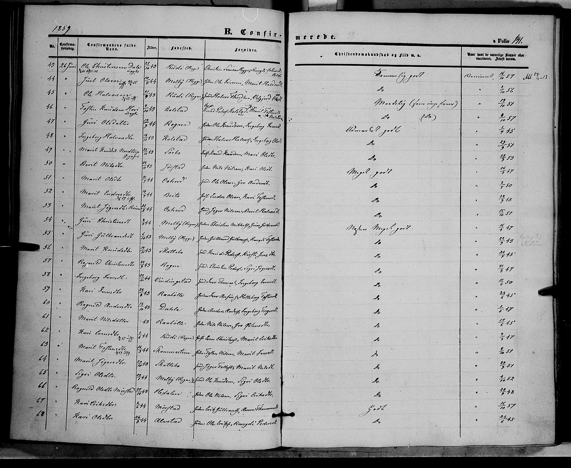 Øystre Slidre prestekontor, SAH/PREST-138/H/Ha/Haa/L0001: Parish register (official) no. 1, 1849-1874, p. 141