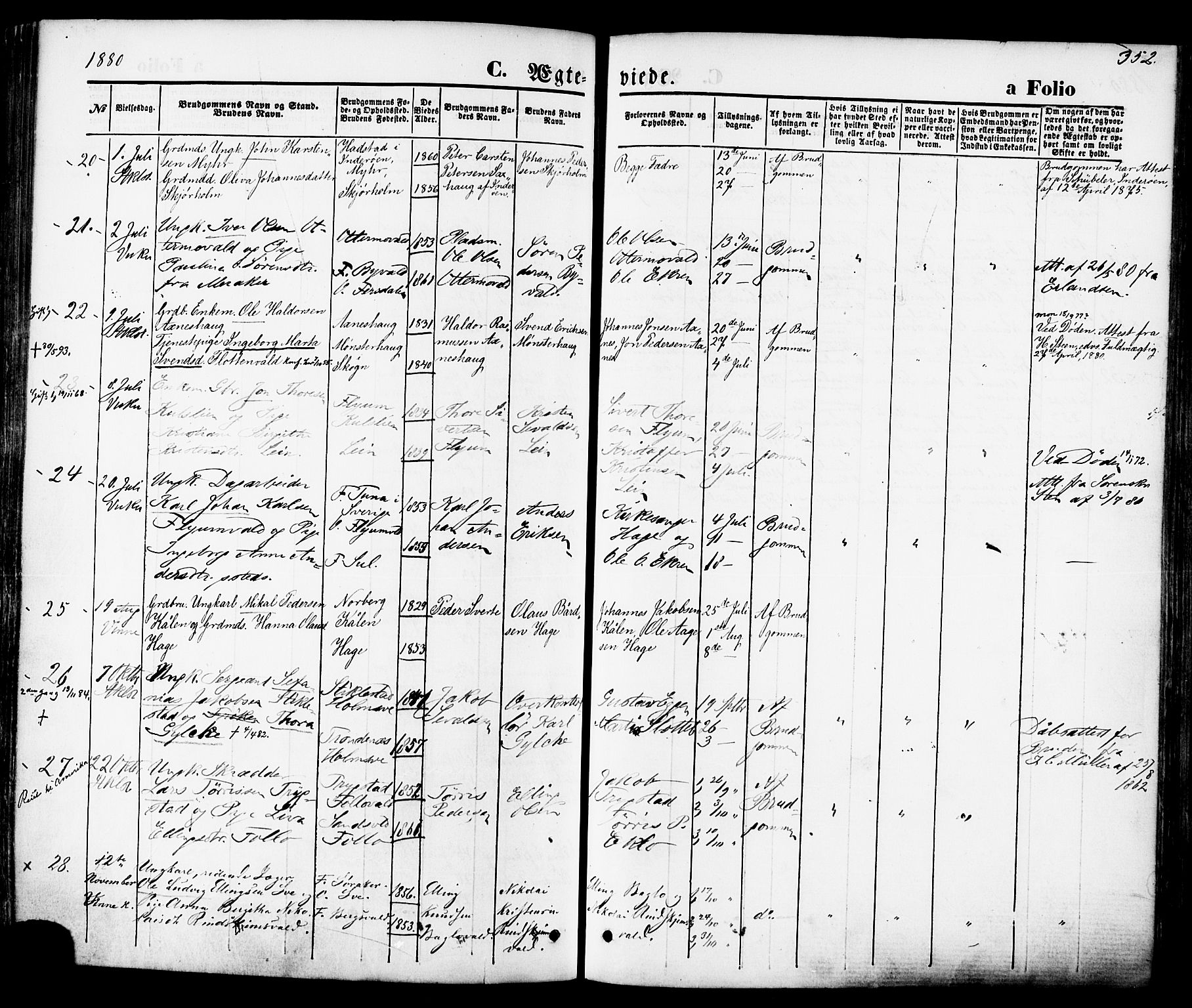 Ministerialprotokoller, klokkerbøker og fødselsregistre - Nord-Trøndelag, AV/SAT-A-1458/723/L0242: Parish register (official) no. 723A11, 1870-1880, p. 352