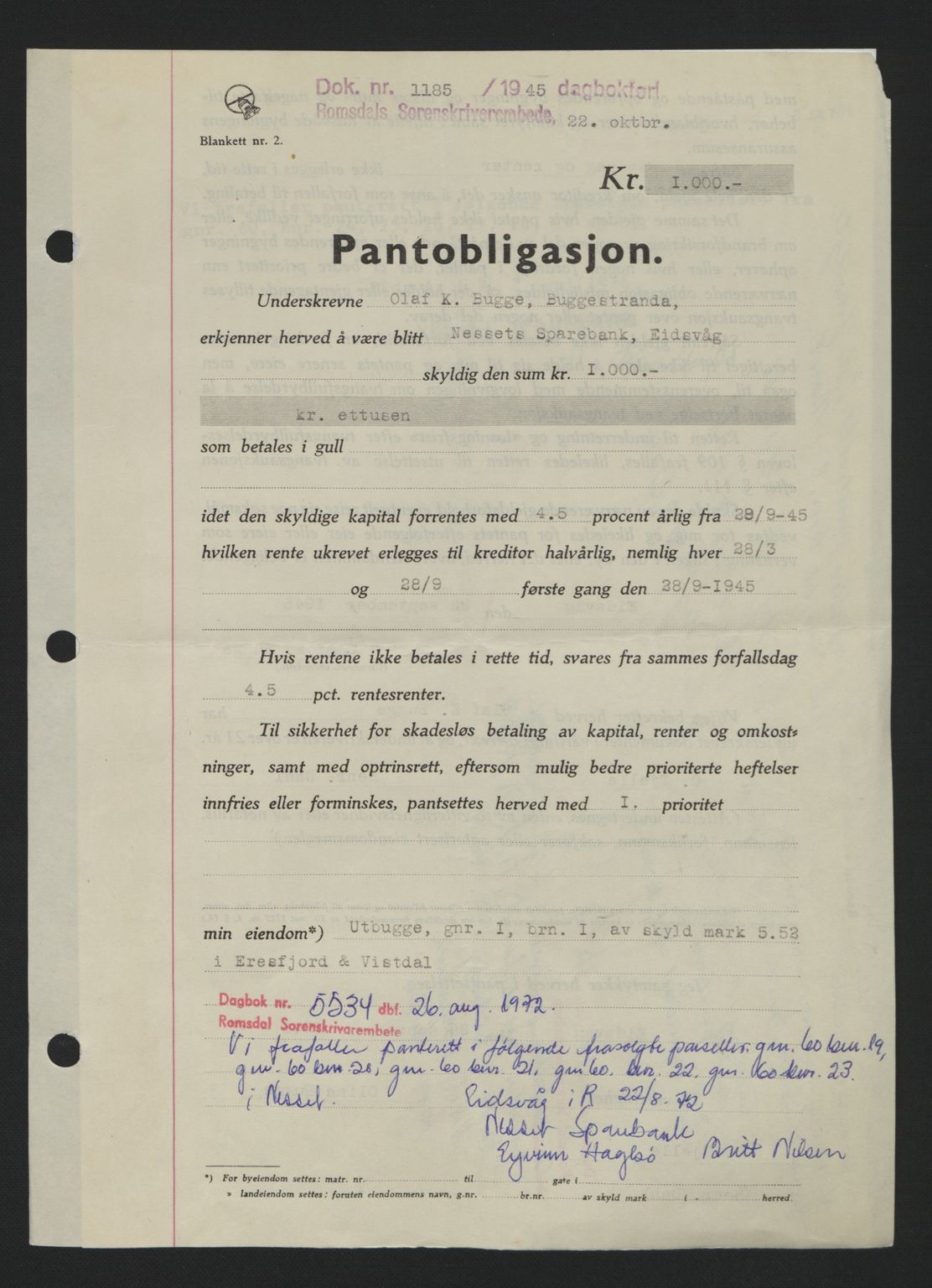 Romsdal sorenskriveri, AV/SAT-A-4149/1/2/2C: Mortgage book no. B2, 1939-1945, Diary no: : 1185/1945